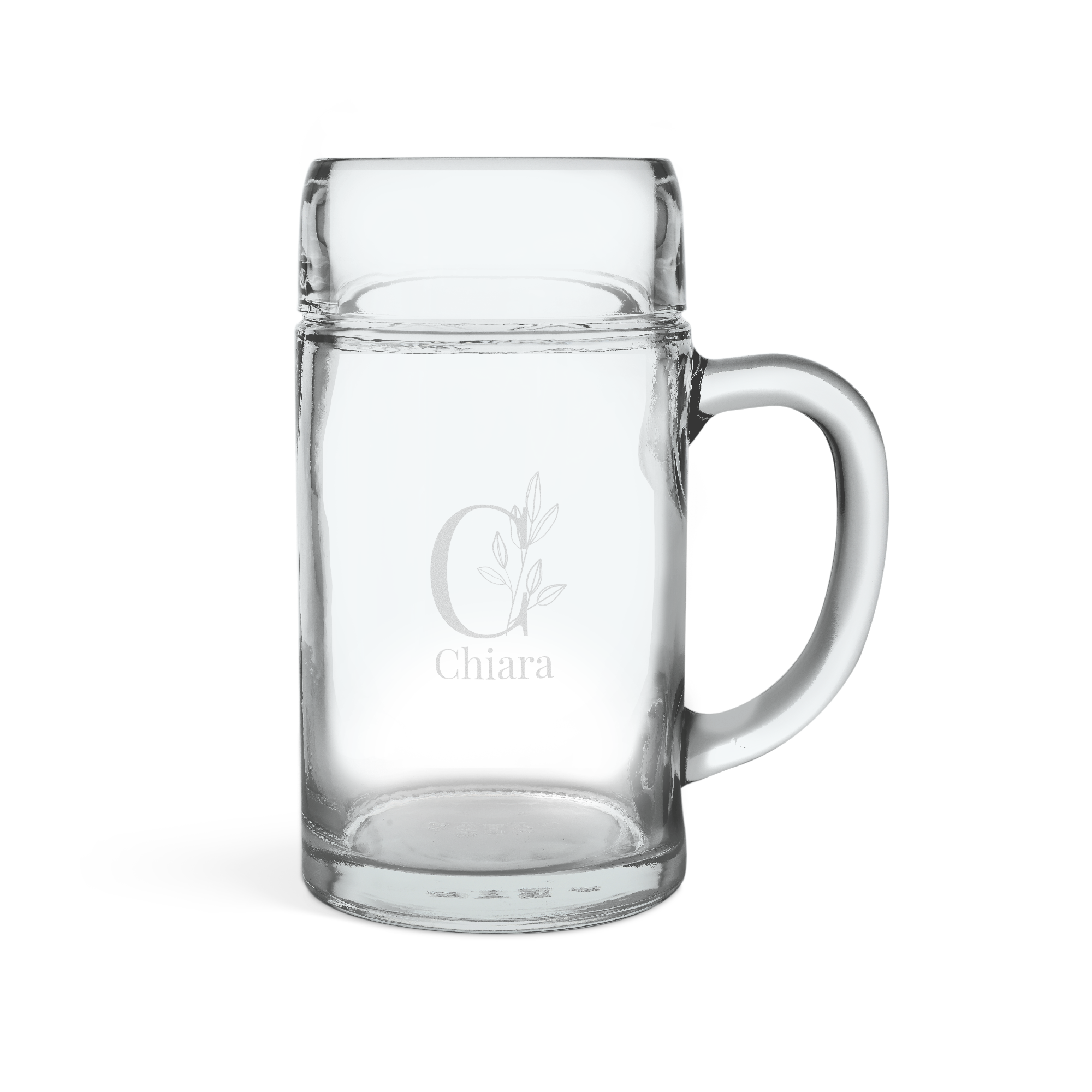 Personalisierter Bierkrug 1 Liter aus Glas, graviert mit dem Namen Chiara und einem Anfangsbuchstaben C