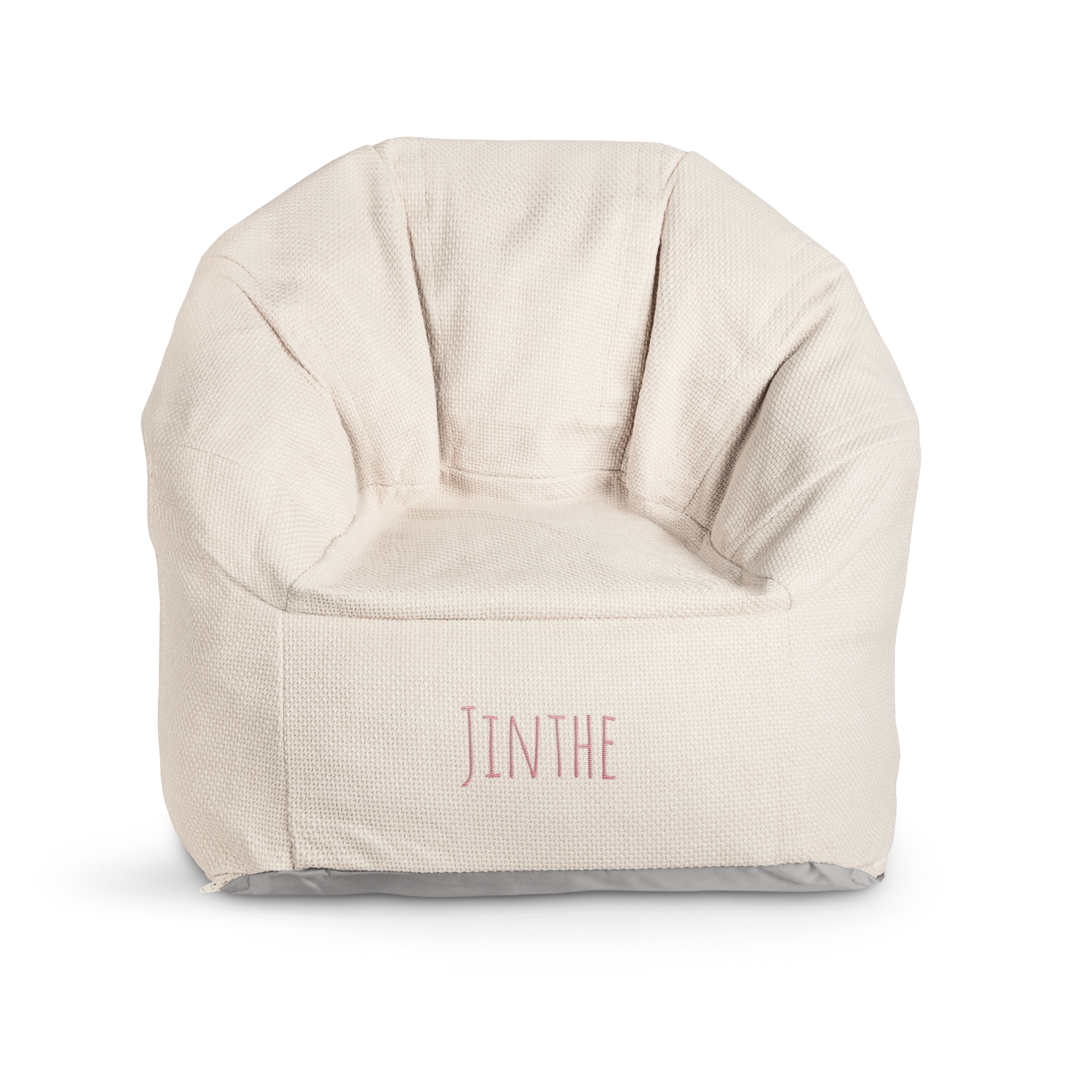 Crèmekleurige kinderstoel geborduurd met de naam JINTHE in roze.