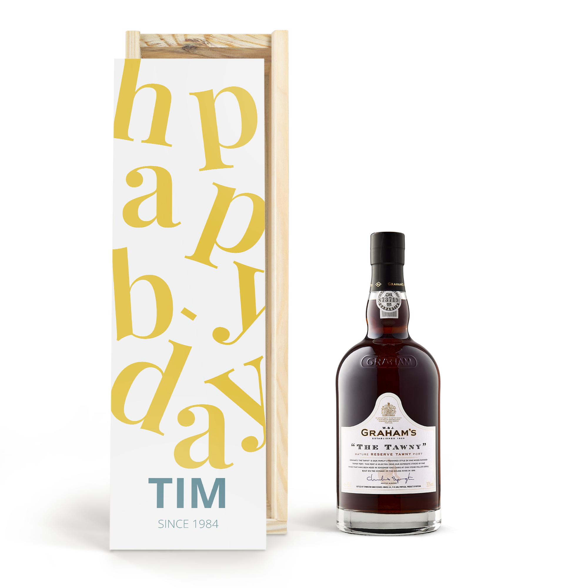Fles Graham's port in bedrukte kist met "Happy Birthday", naam Tim en jaartal