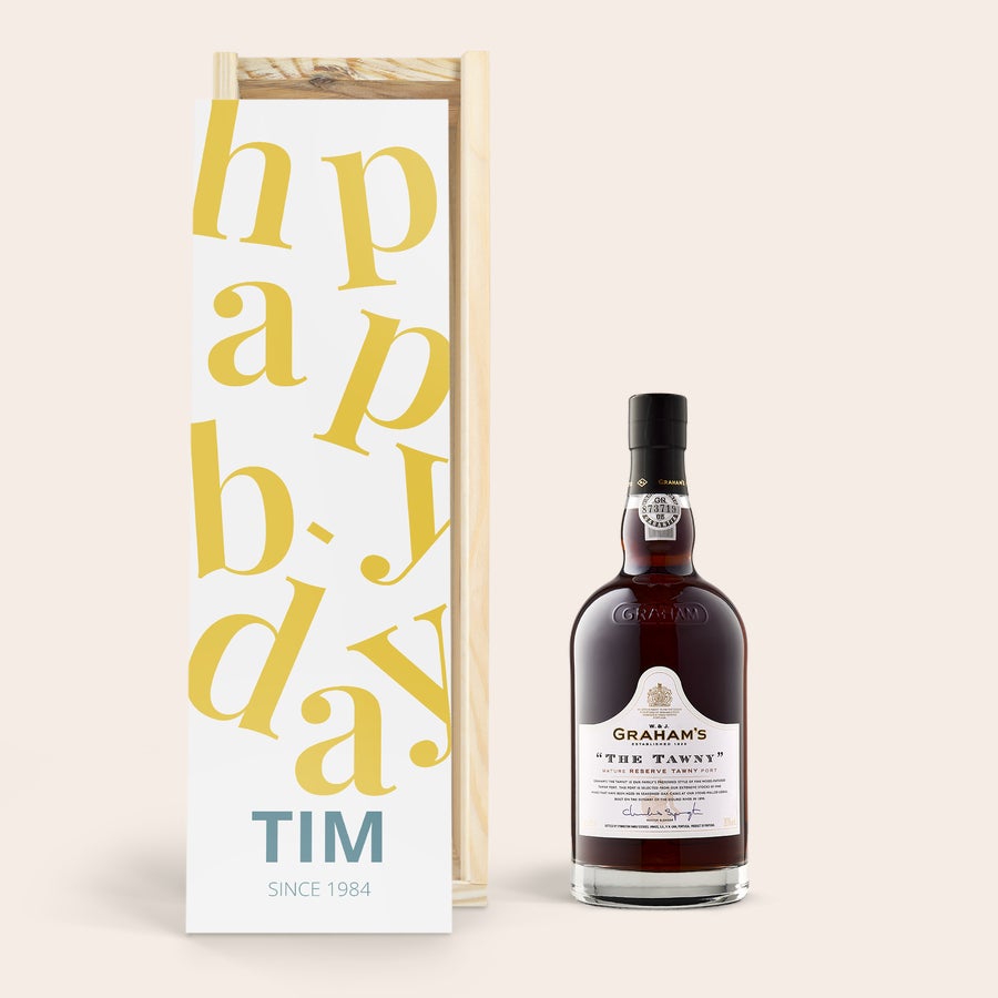 Port Graham's - The Tawny Reserve personaliseren Fles Graham's port in bedrukte kist met "Happy Birthday", naam Tim en jaartal