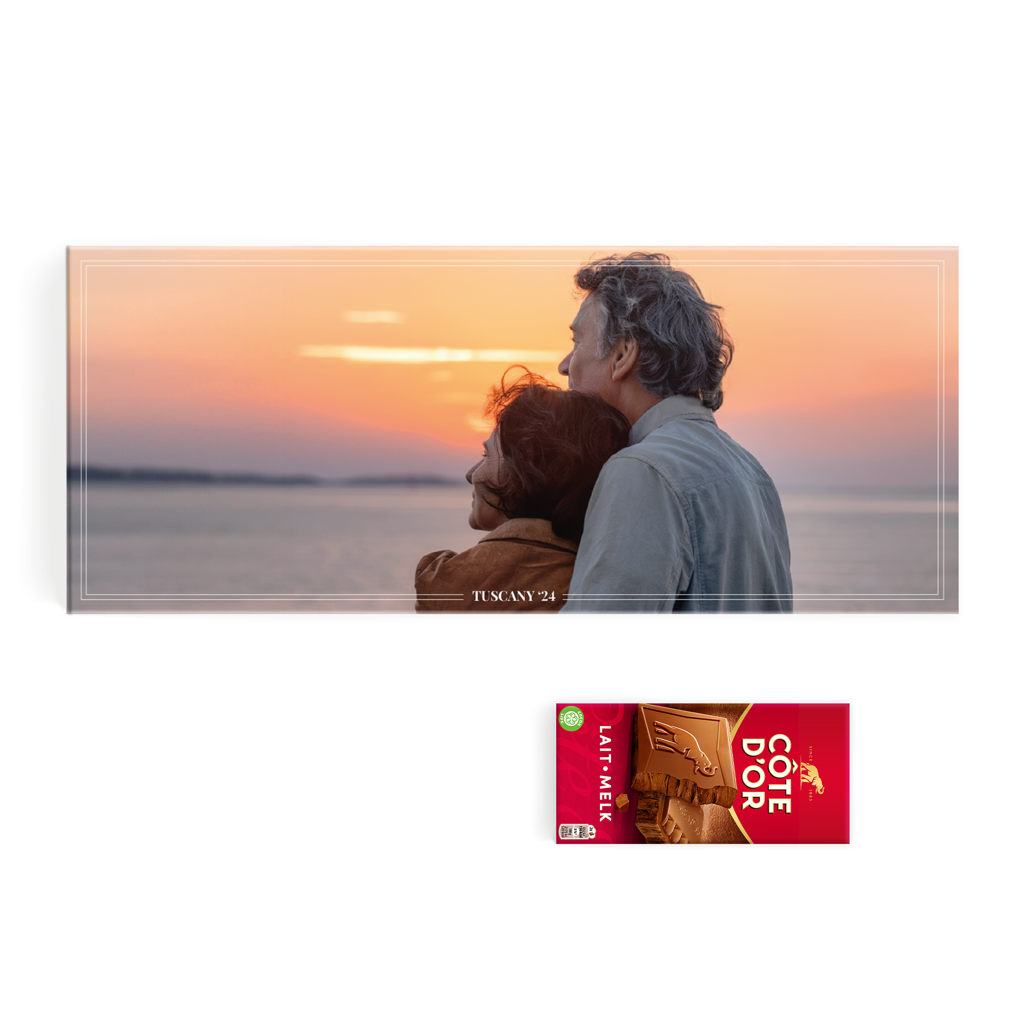 Mega Côte d'Or chokolade med personligt fotodesign af et par ved solnedgang og teksten 'TUSCANY '24'