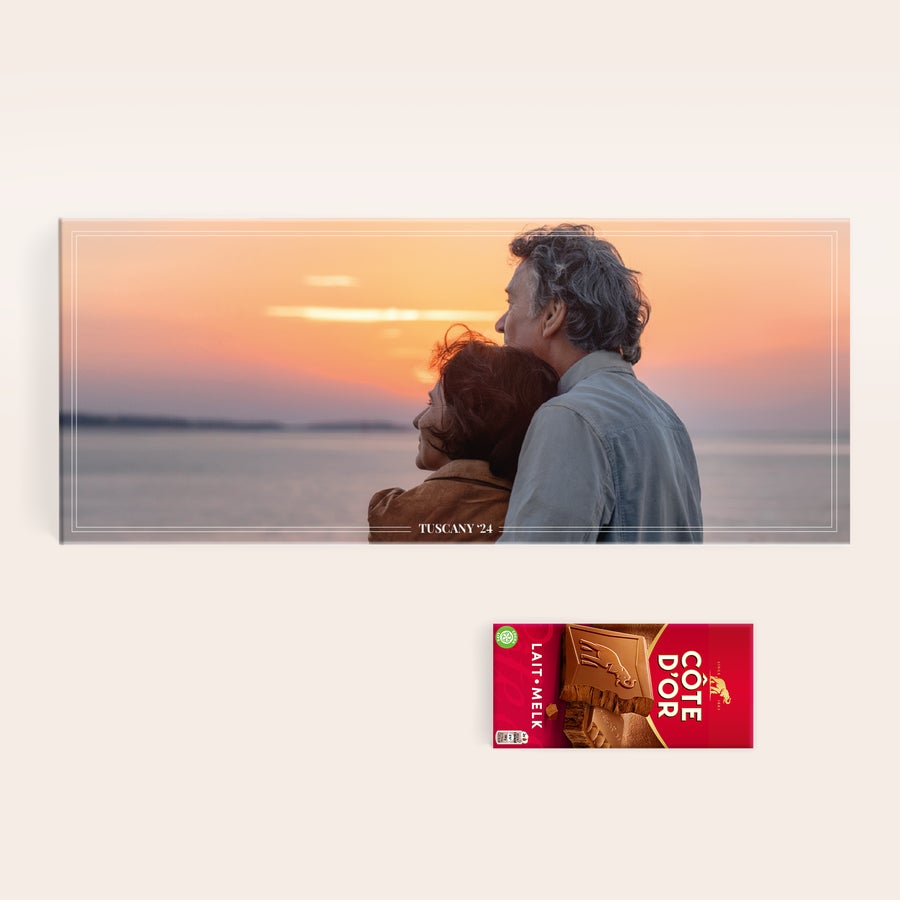 Riesen Côte d'Or Schokolade Personalisiert Personalisierte XXL-Schokoladentafel Côte d'Or - YSP-Design, bedruckt mit Pärchenfoto und dem Text TUSCANY '24.
