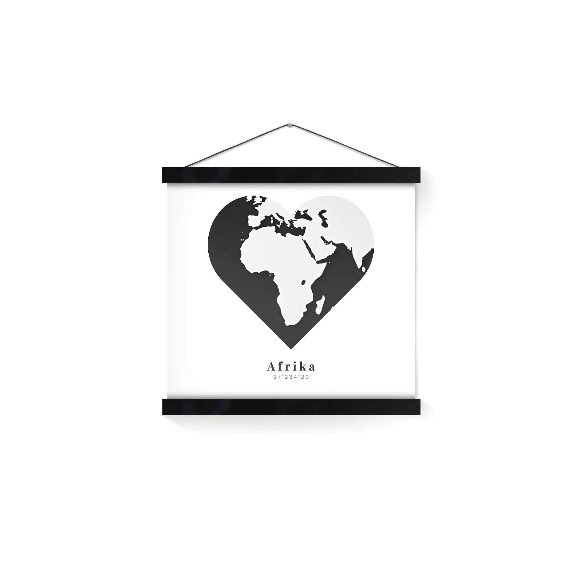 A custom magnetic poster hanger with a heart-shaped world map design and Afrika printed below it