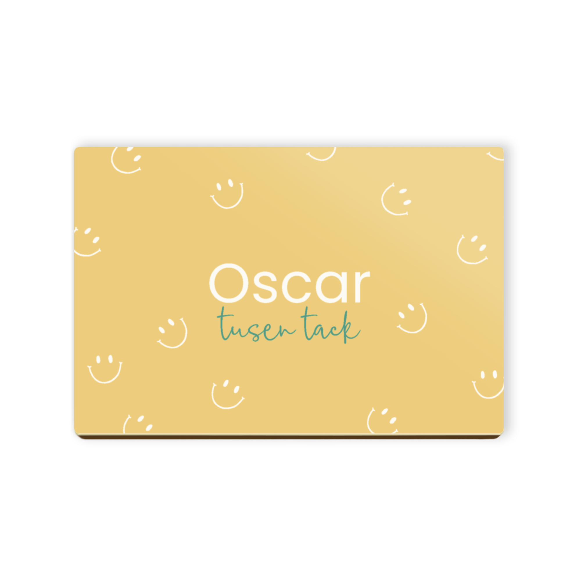 Personligt chokladbrev med tryckt Oscar tusen tack-meddelande och glada emojis, en unik present