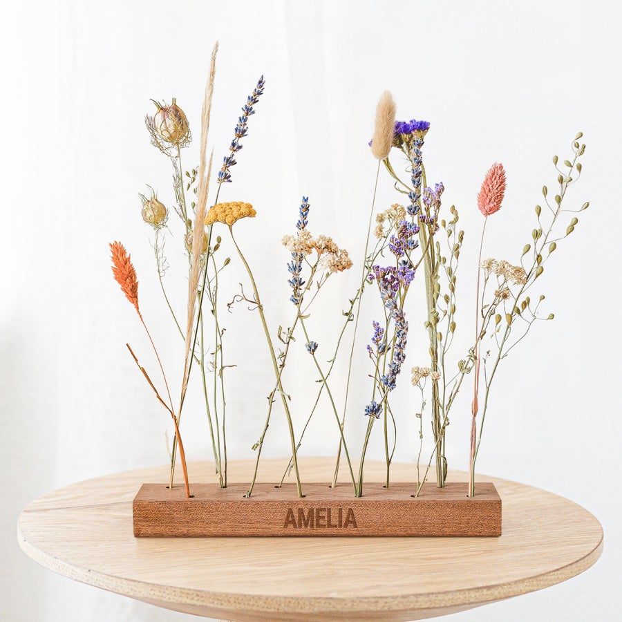 Dried flowers with personalised wooden stand