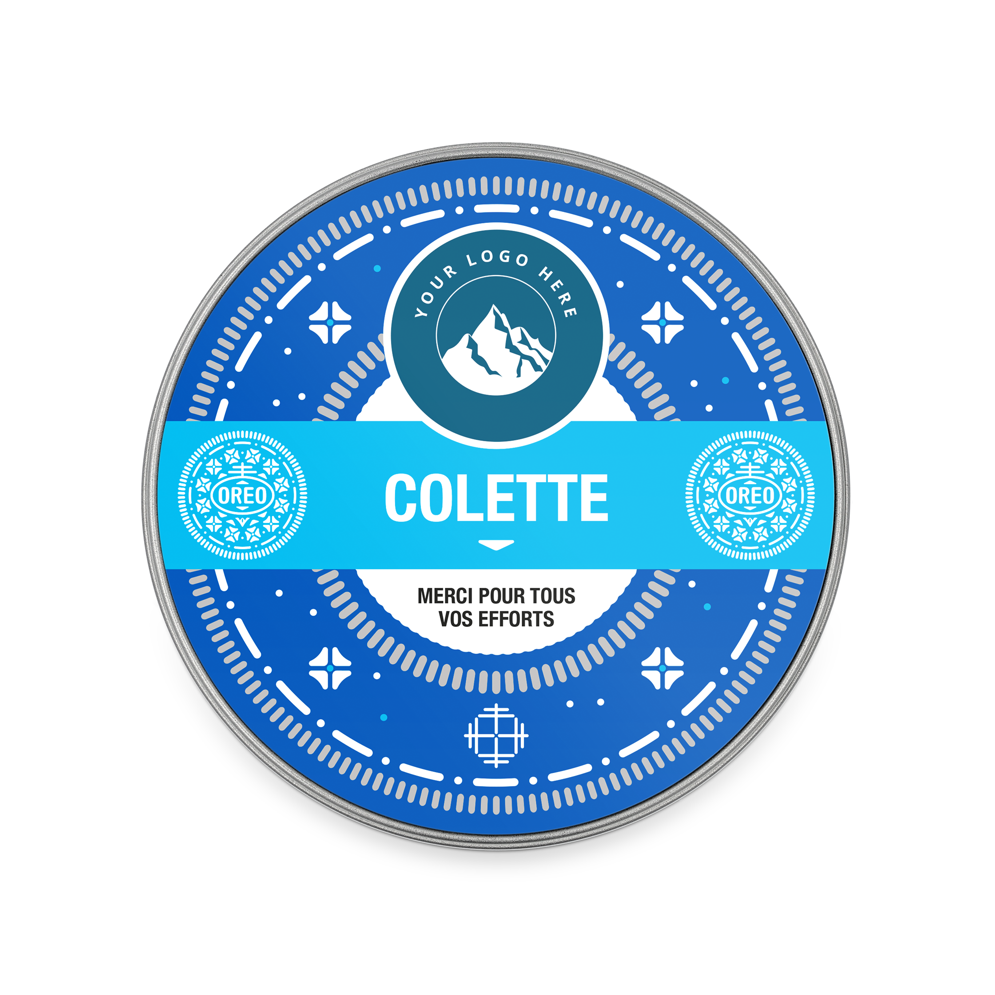 Boîte cadeau Oreo ronde bleue personnalisée avec le nom Colette et un message. Qui allez-vous surprendre?