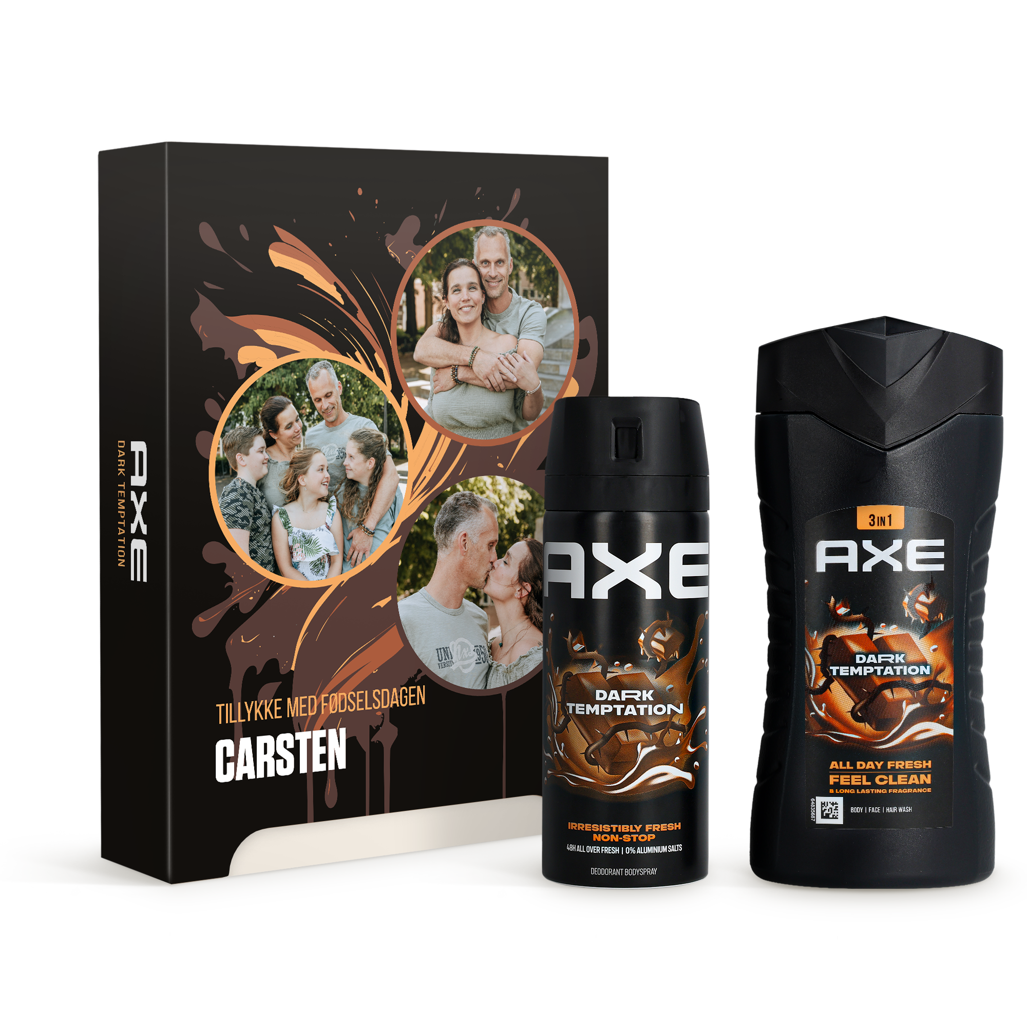 Personligt øksegavesæt - Dark Temptation, en gaveæske trykt med billeder og teksten "TILLYKKE MED FØDSELSDAGEN CARSTEN", samt AXE bodyspray og showergel.