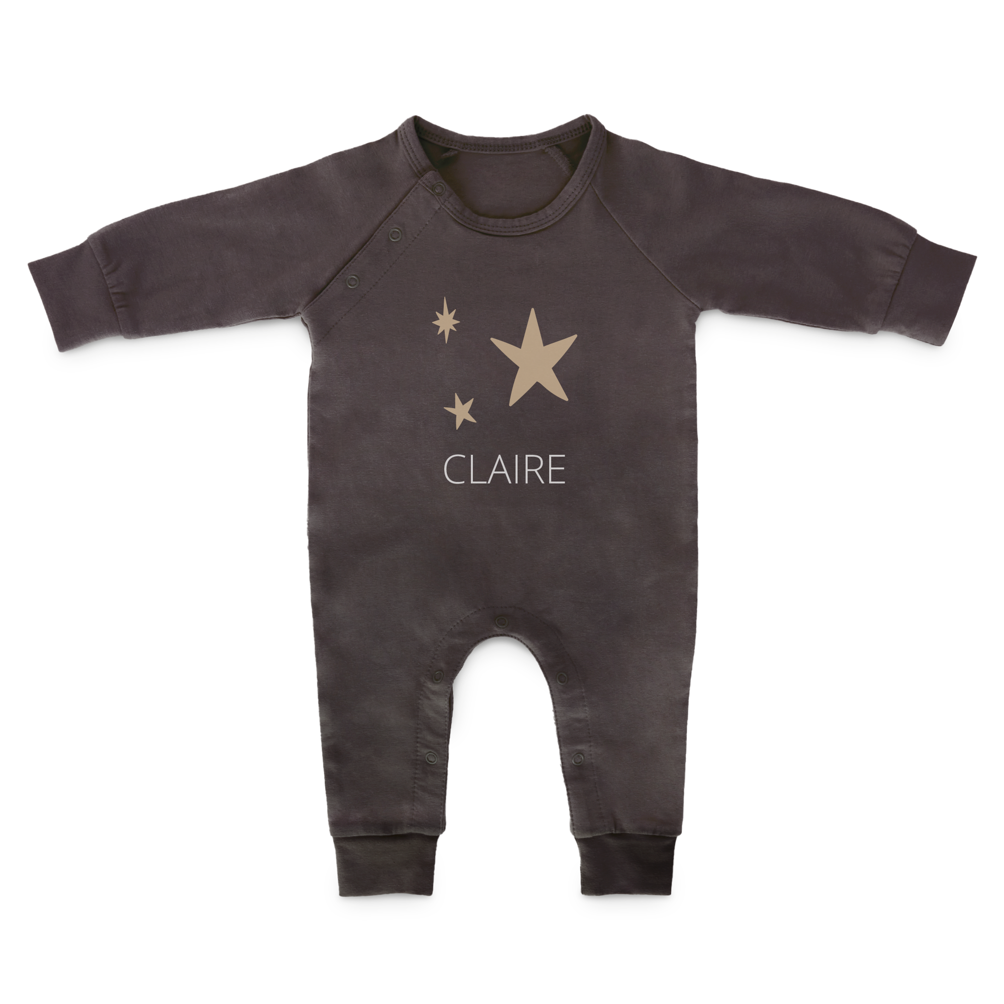 Siva personalizirana igralna obleka z imenskim tiskom Claire in zlatimi zvezdicami za lepo brcanje