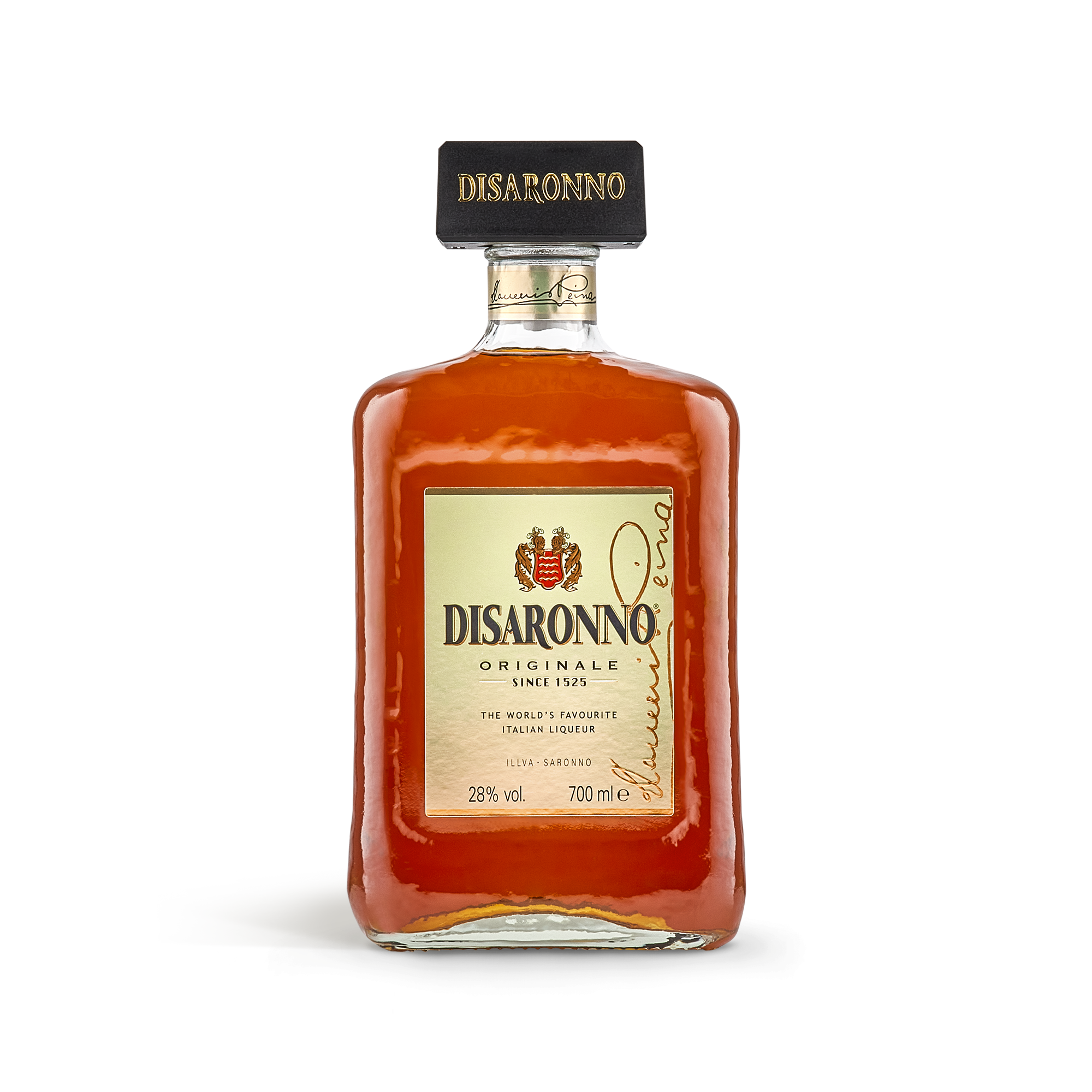 Butelka personalizowanego likieru Amaretto Disaronno z etykietą i czarną zakrętką.