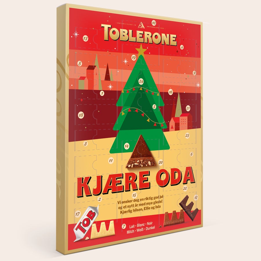 Adventskalender med bilde - Toblerone 2025 Personlig adventskalender med Toblerone sjokolade, trykt med "Kjære Oda" og en julehilsen