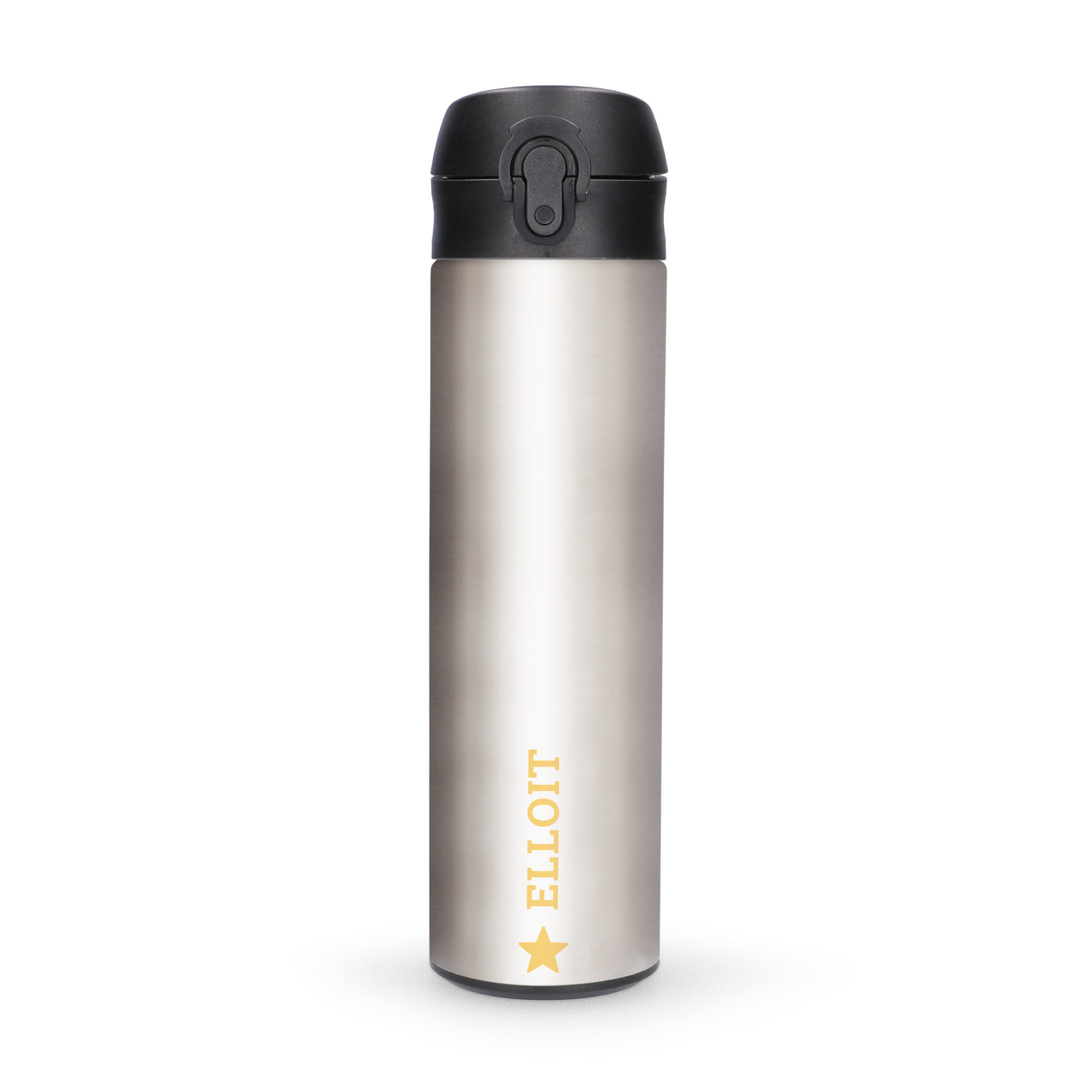Metal water bottle with a black pop-top lid, personalized with the name ELLIOT and a star in orange text