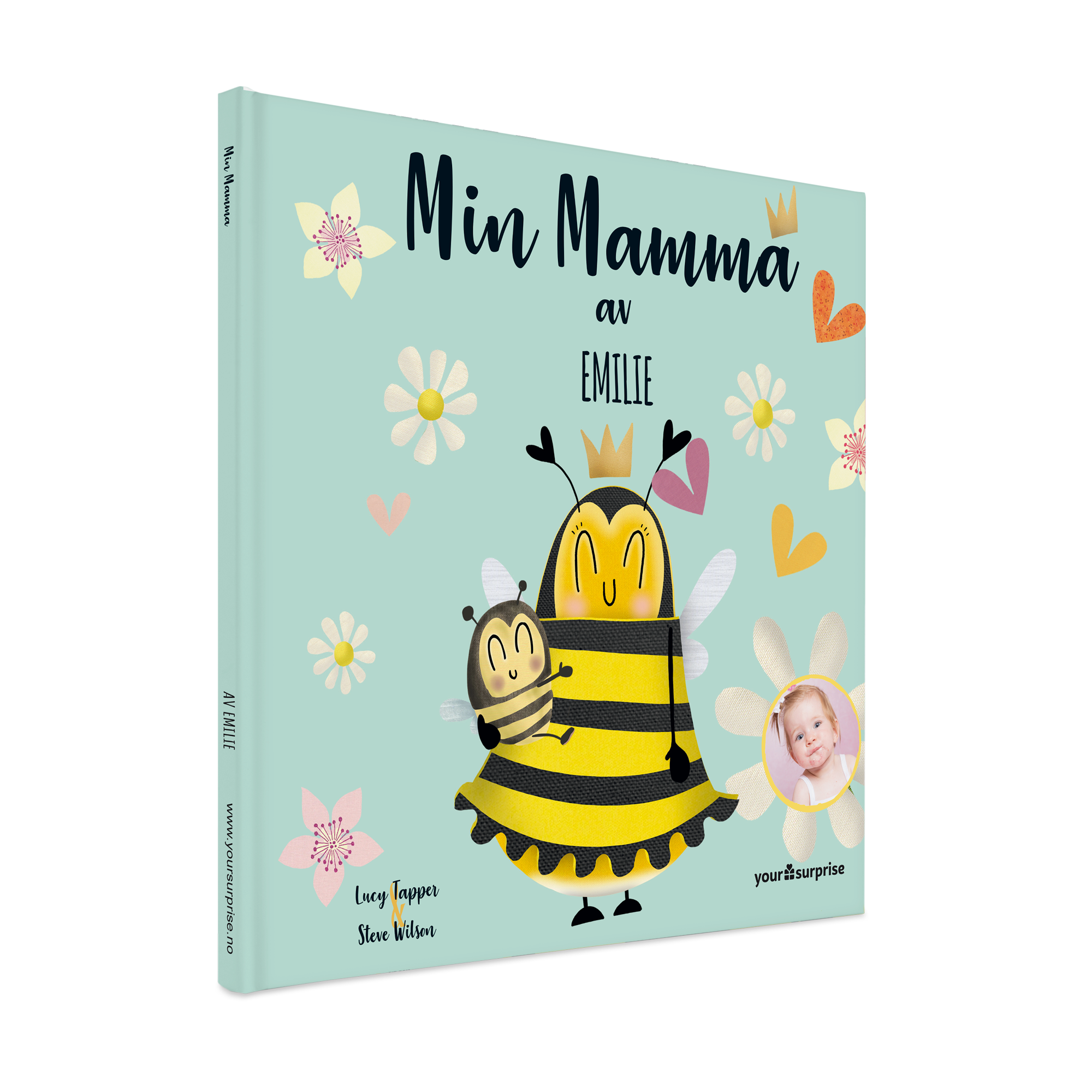 Personlig Min Mamma-bok med søt bieillustrasjon, barnets navn Emilie og eget bilde på forsiden.