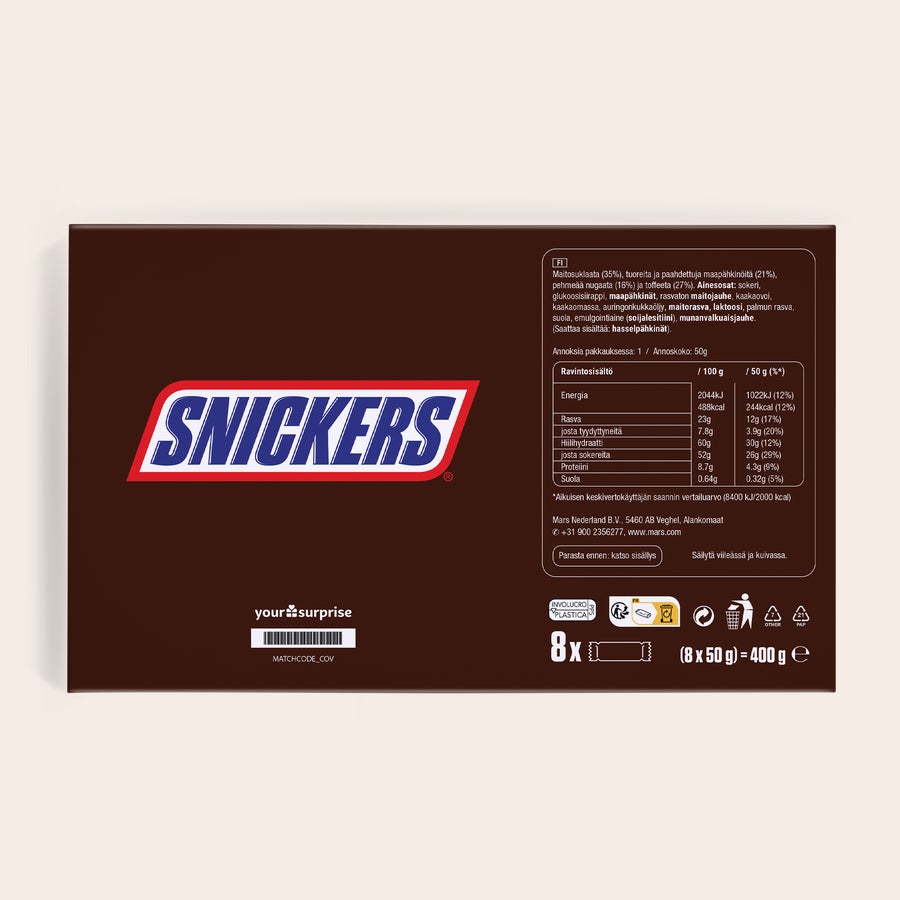 Henkilökohtainen Snickers-lahjalaatikko Henkilökohtainen Snickers-lahjalaatikko omalla painetulla etiketillä, jossa näkyy Snickers-logo.