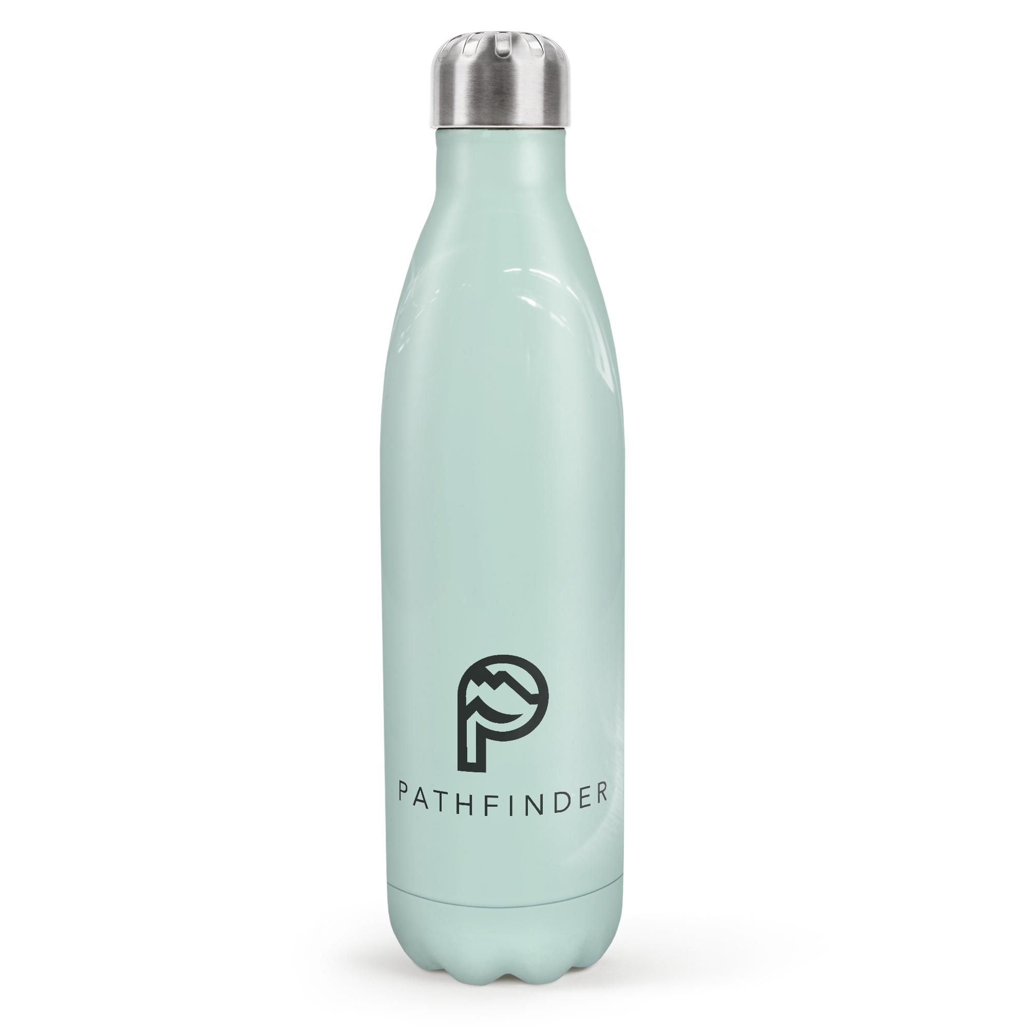 Termo personalizado verde menta con tapa plateada y logotipo Pathfinder impreso para mejorar tu hidratación.