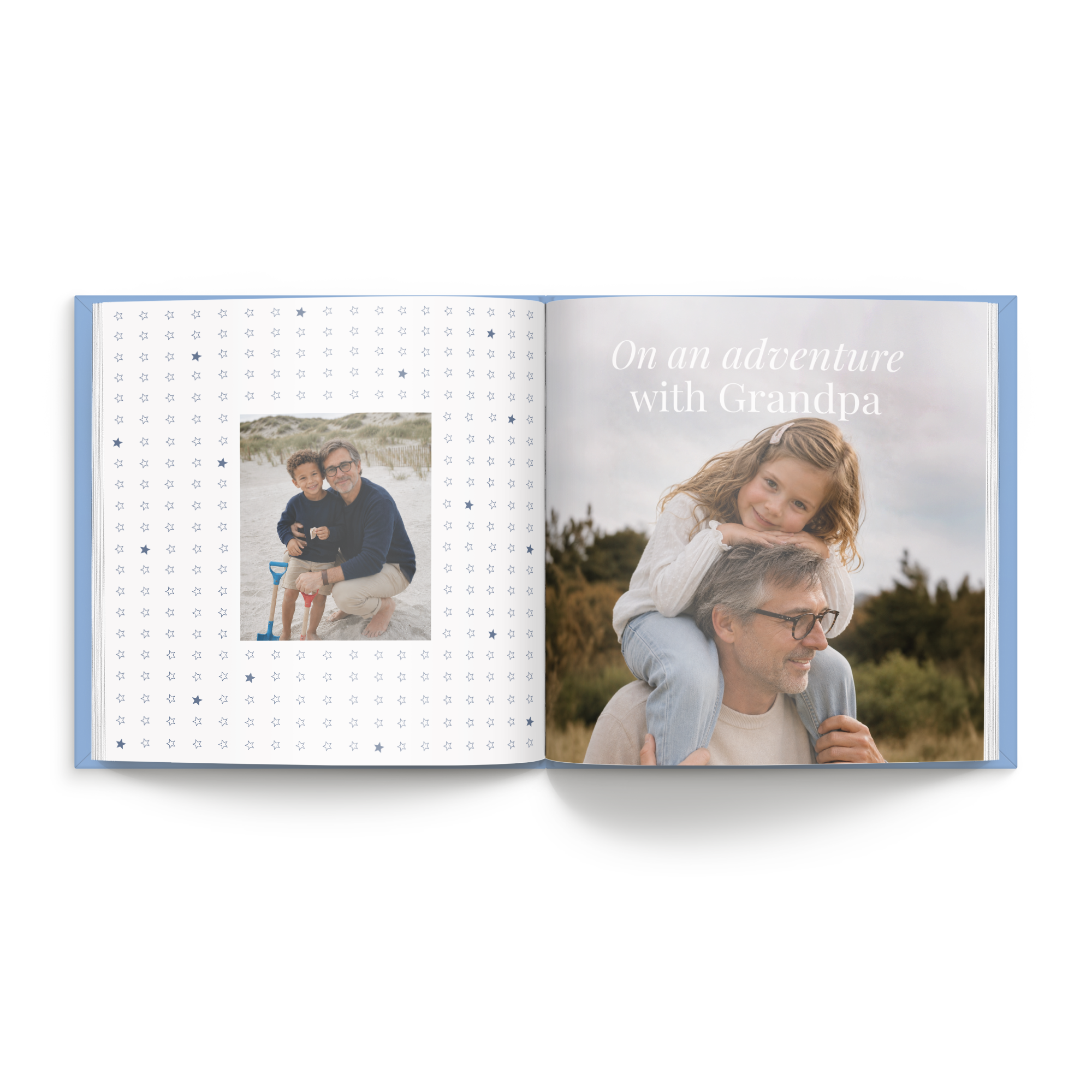 Fotolibro Mi abuelo G Tapa dura a partir de 28 páginas personalizado con fotos impresas, incluyendo una niña sonriendo en los hombros de su abuelo y otra foto de abuelo y nieto en la playa.