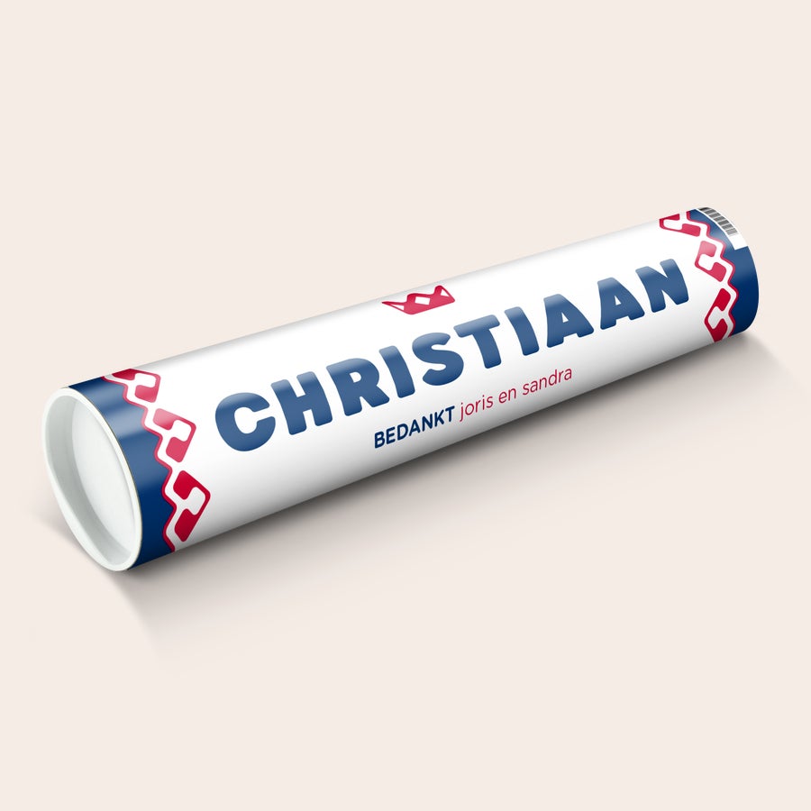 Gepersonaliseerde KING pepermunt XXL rol Gepersonaliseerde KING pepermunt XXL rol bedrukt met de naam Christiaan en de tekst bedankt joris en sandra