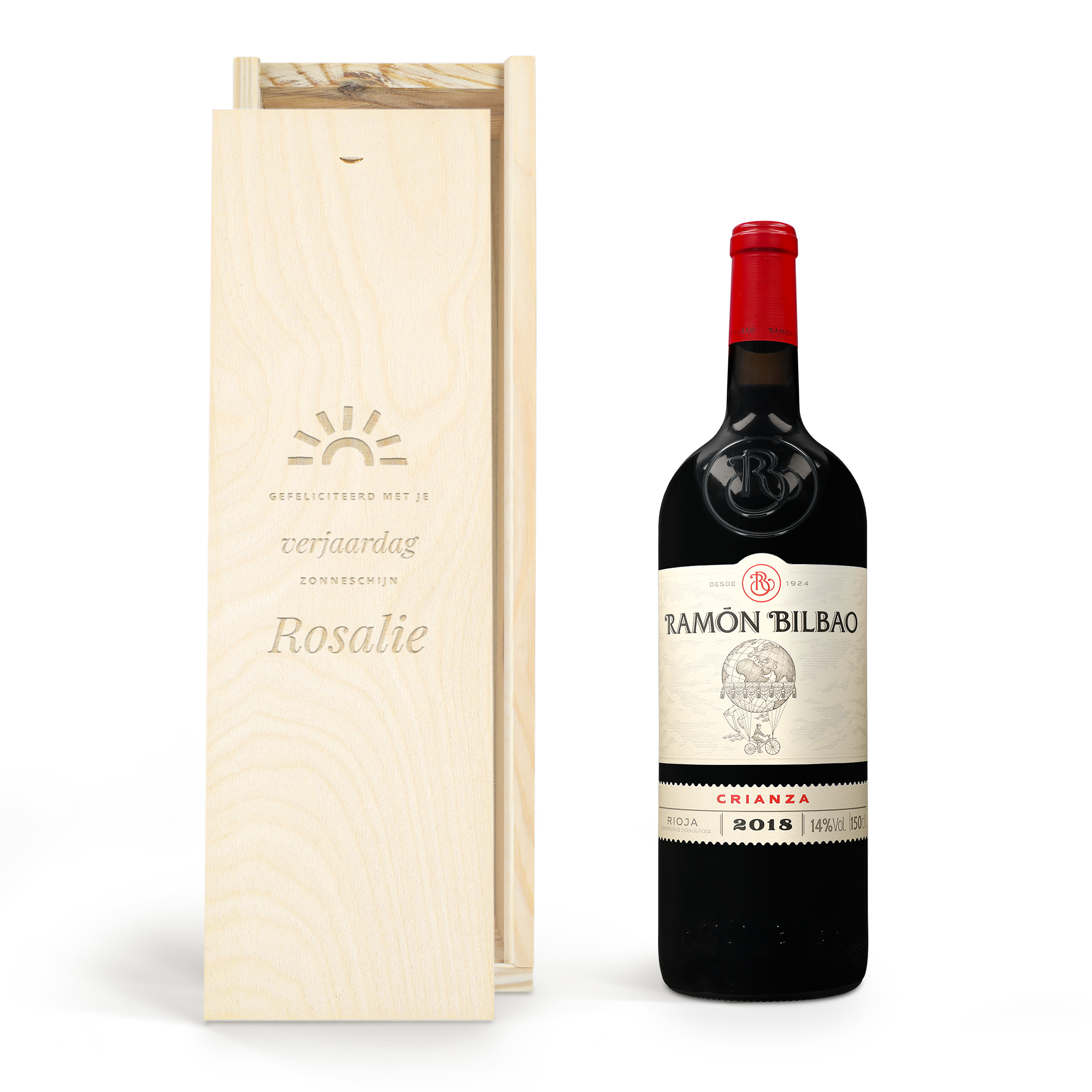 Fles Ramón Bilbao wijn in luxe gegraveerde wijnkist met 'Gefeliciteerd met je verjaardag zonneschijn Rosalie'