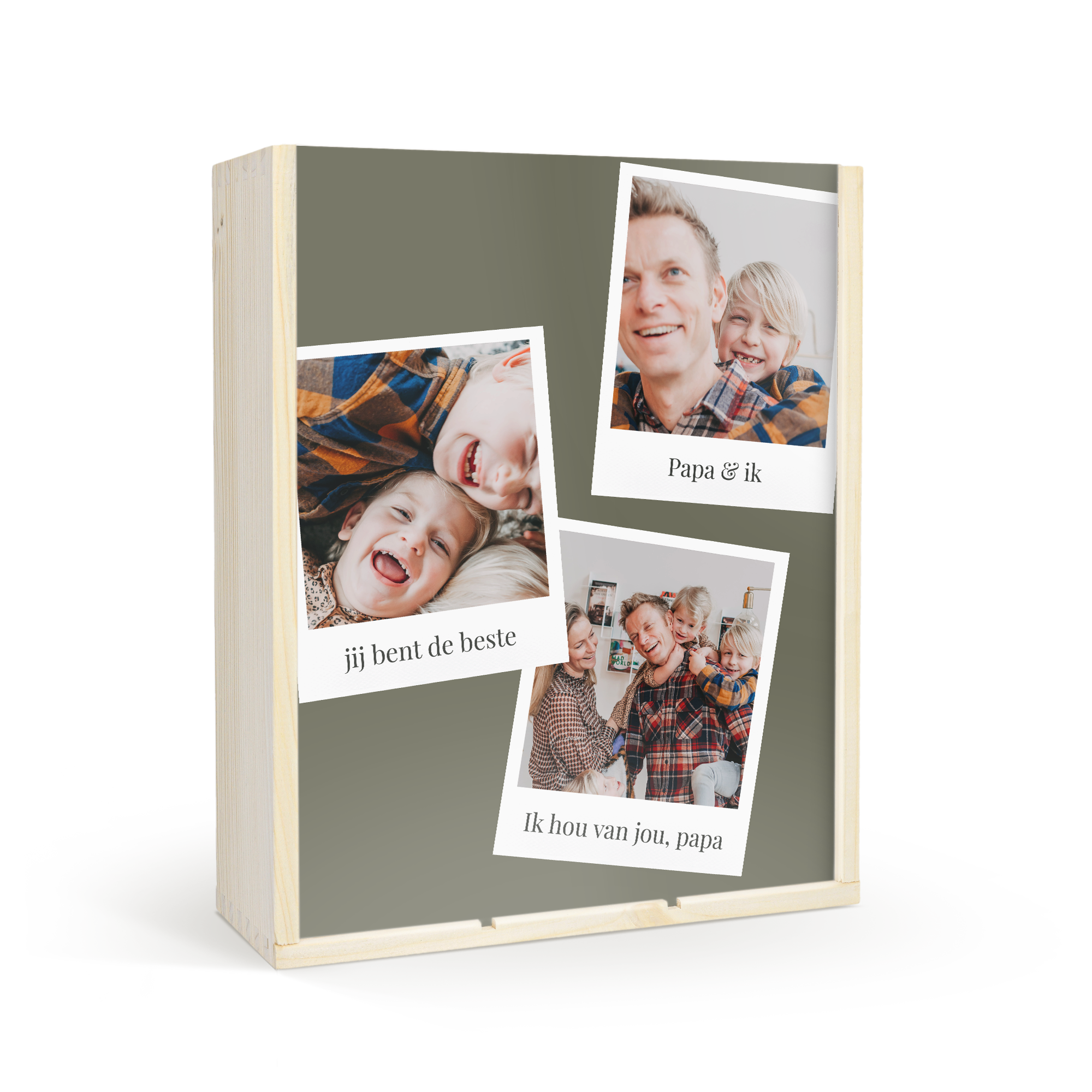 Een luxe houten kist met persoonlijke bedrukking van familiefoto's en de teksten Jij bent de beste, Papa & ik en Ik hou van jou, papa.