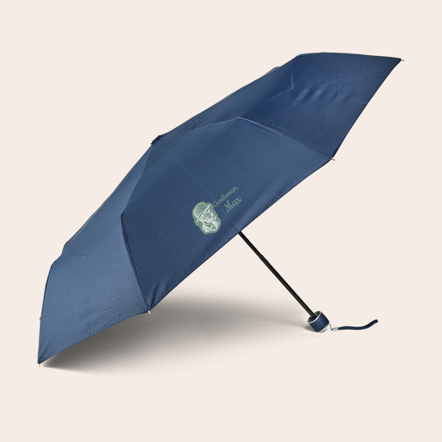 Guarda-chuva Guarda-chuva dobrável azul marinho personalizado com design de cavalheiro e o nome Max impresso