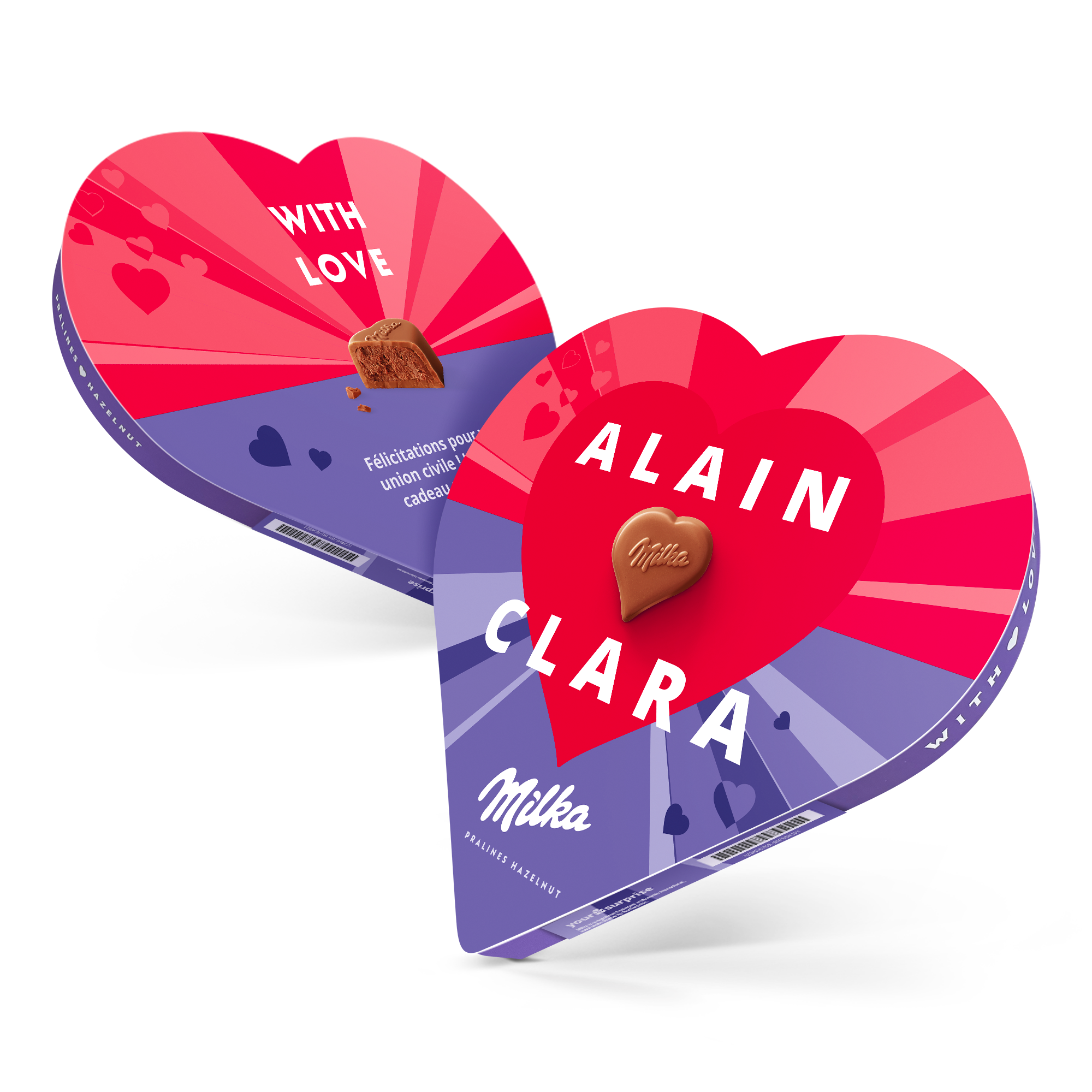 Coeur Milka personnalisé avec les prénoms Alain et Clara, un cadeau à savourer pour couple