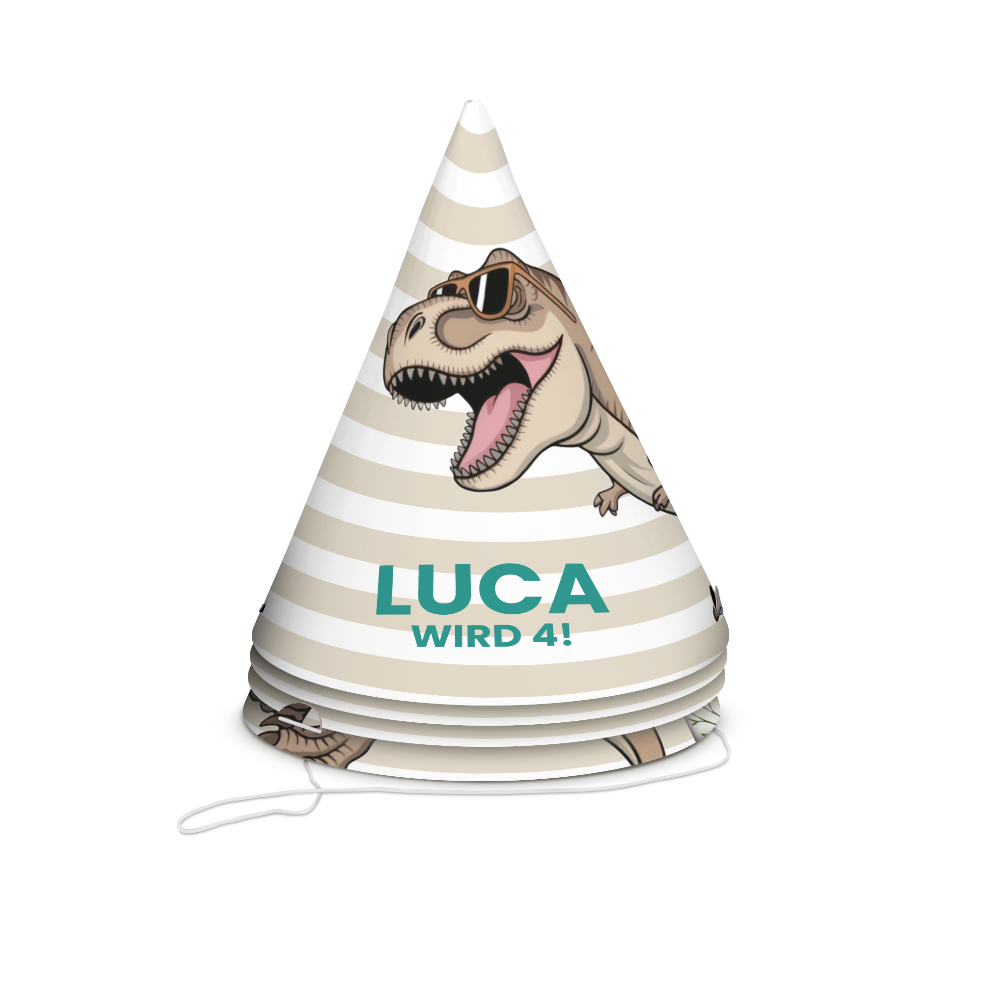 Personalisierter Partyhut zum Geburtstag von Luca mit Dinosaurier und cooler Sonnenbrille, bedruckt mit dem Namen.
