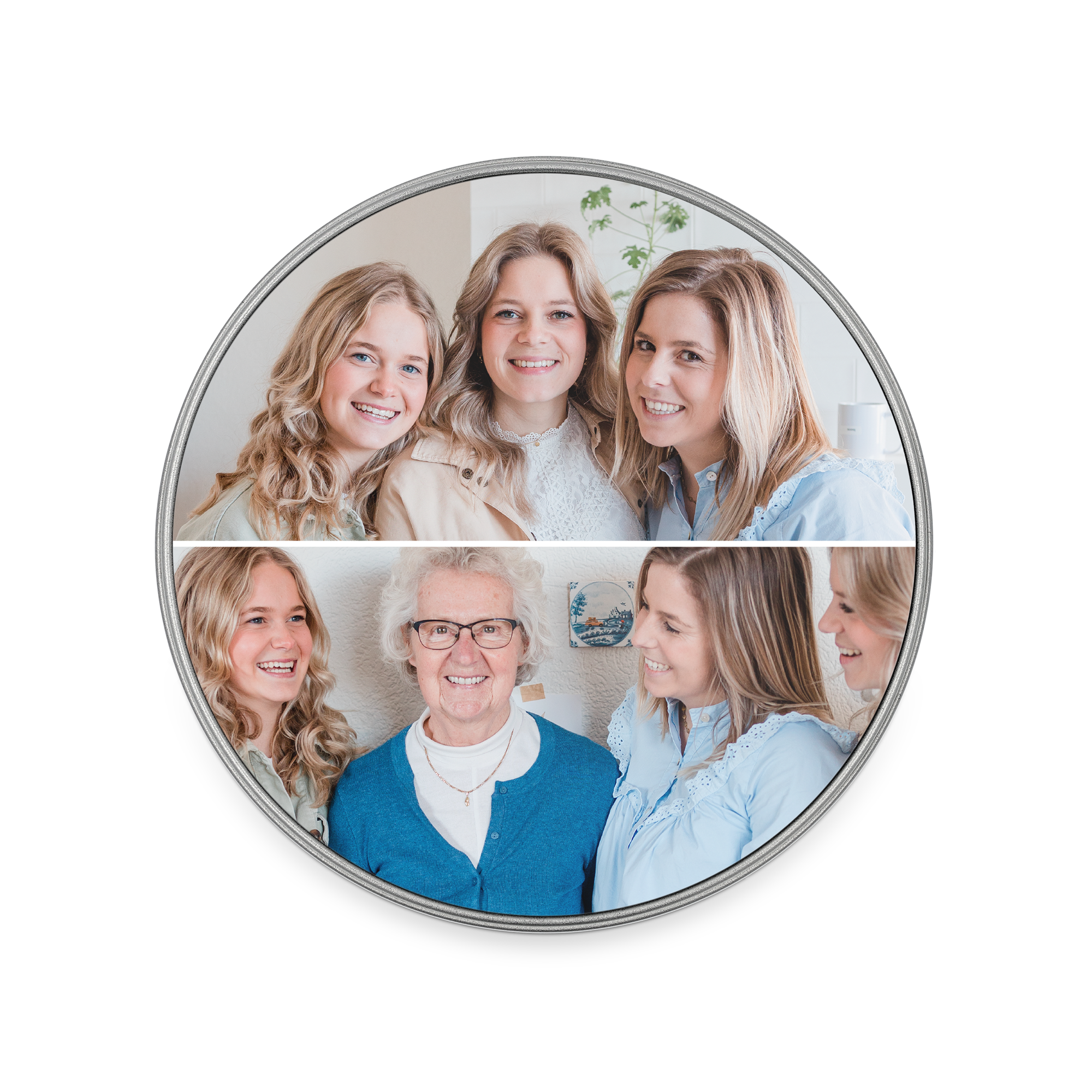 Cutie rotundă de memorie personalizată cu o fotografie de familie imprimată