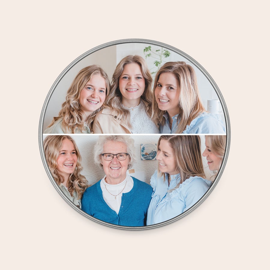 Scatola di latta personalizzata Scatola di ricordi rotonda personalizzata, stampata con foto di famiglia. Sorprendili con una scatola di ricordi con la tua foto preferita