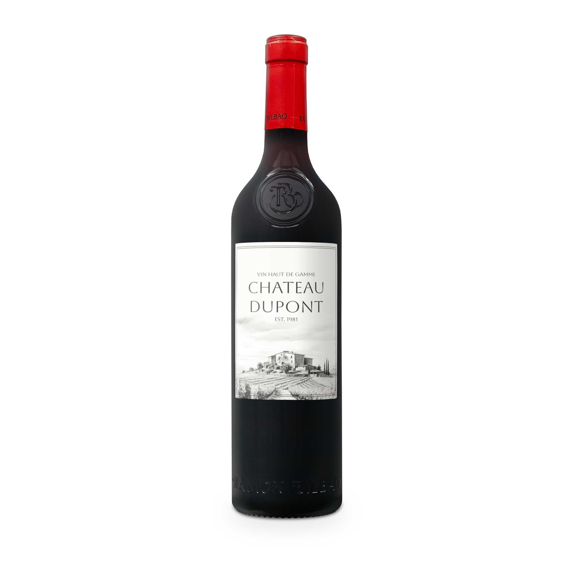 Bouteille de Ramon Bilbao Crianza avec étiquette personnalisée imprimée Château Dupont et un paysage de vignoble