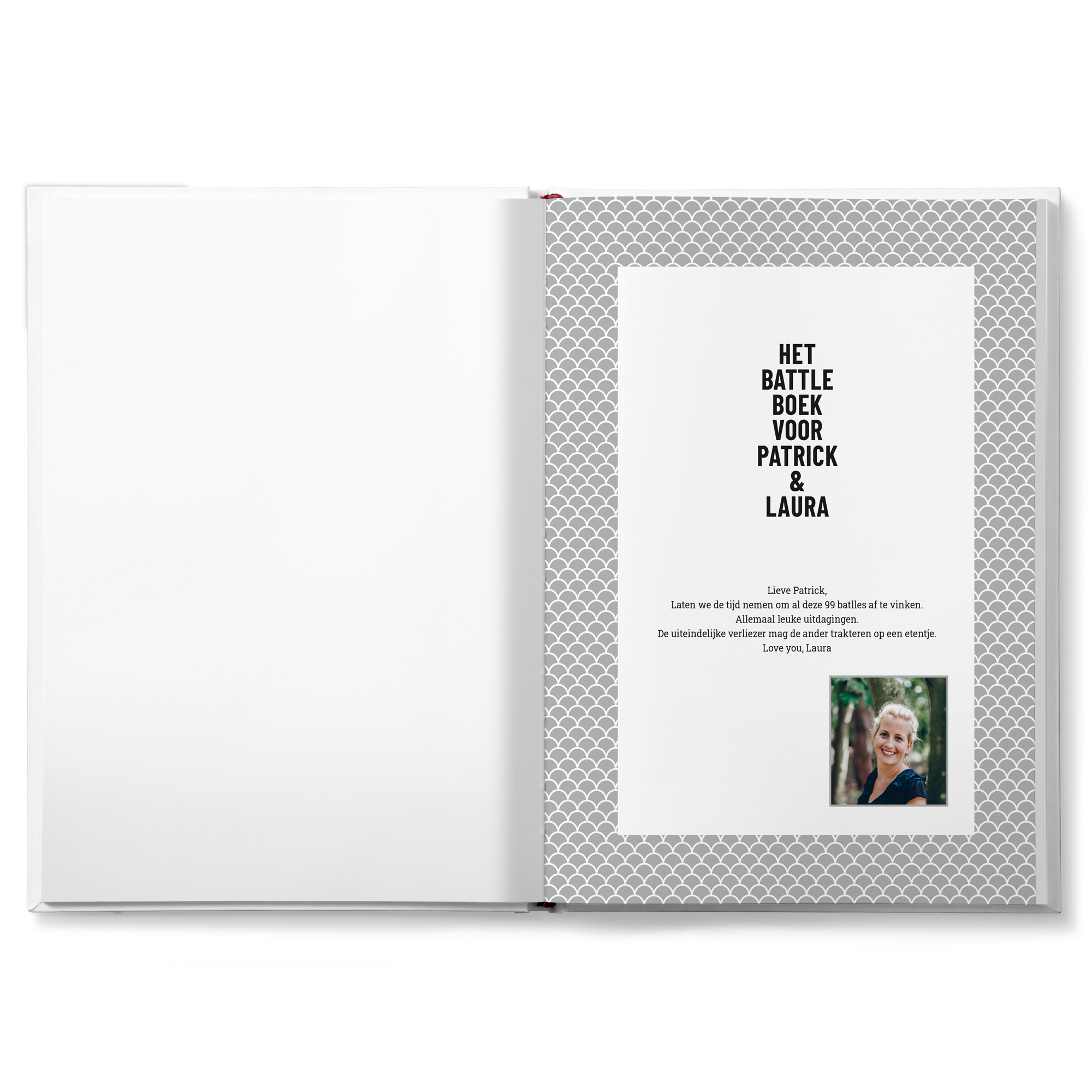 Persoonlijk Battle boek voor koppels, bedrukt met "HET BATTLE BOEK VOOR PATRICK & LAURA", een persoonlijke boodschap en foto.