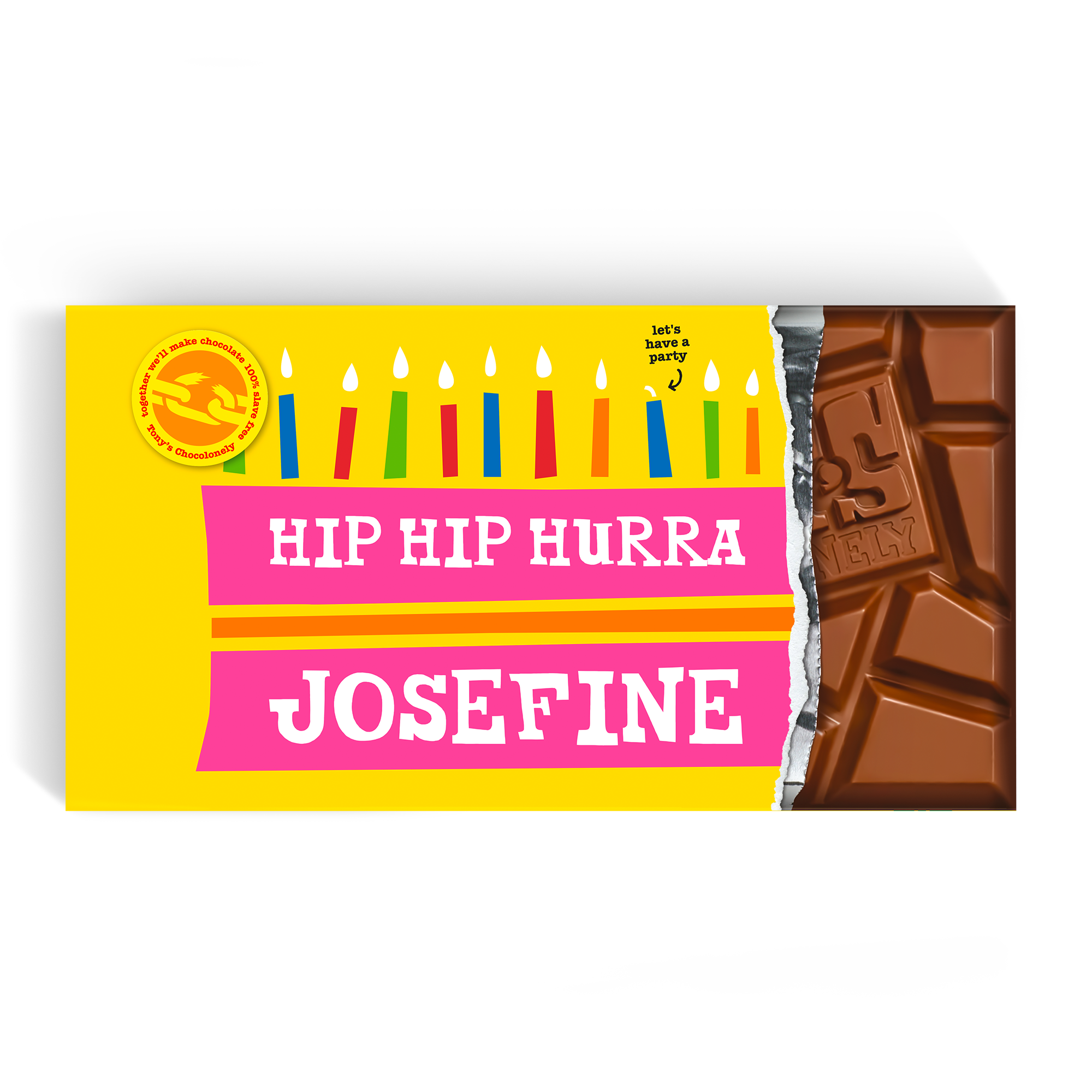 Denne personlige Tony's Chocolonely chokolade med lyserød indpakning og fødselsdagstema trykt med teksten "Hip Hip Hurra Josefine" er den største overraskelse.