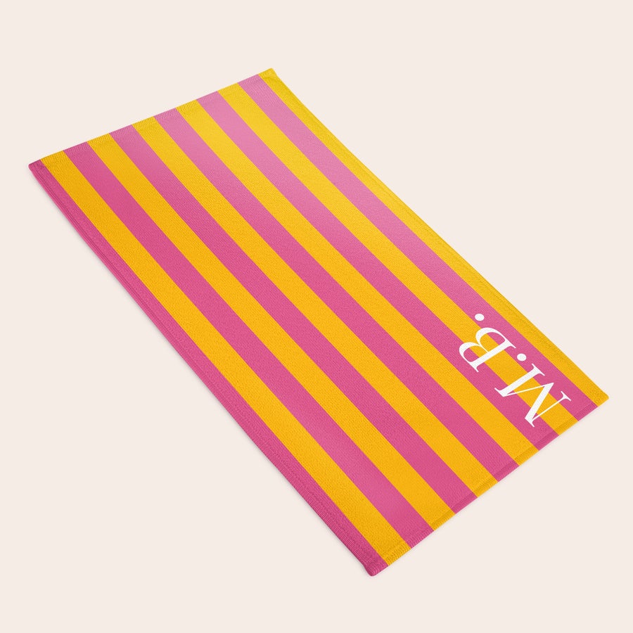 Telo Mare Personalizzato -  100x180 Telo mare personalizzato con stampa di strisce rosa e arancioni e iniziali stampate in bianco