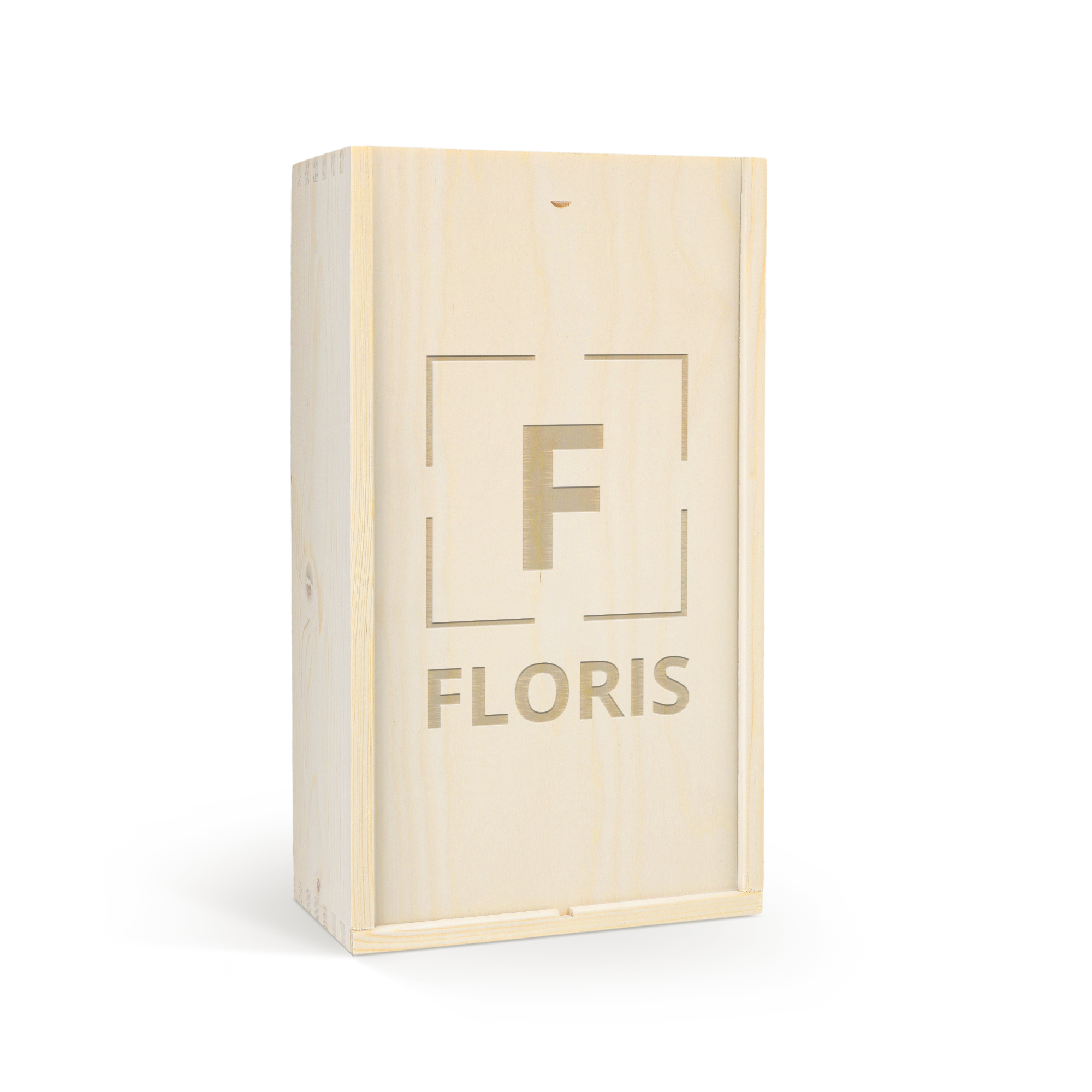 Luxe houten kist met persoonlijke gravure van de letter F en de naam FLORIS