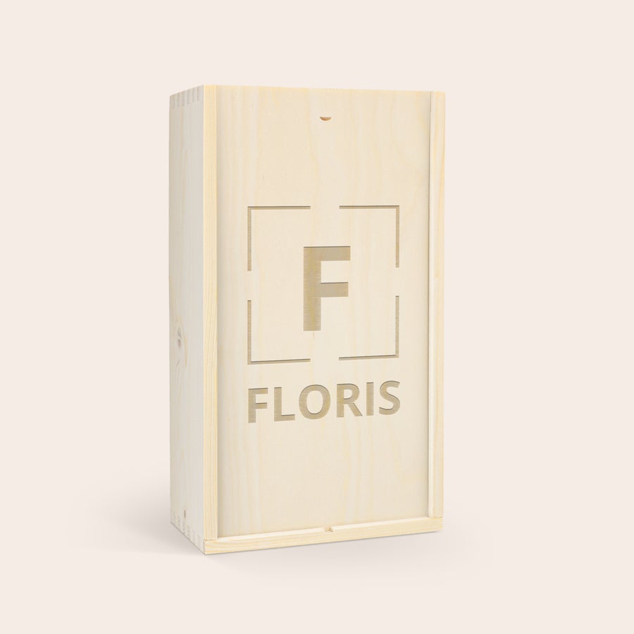 Gepersonaliseerde wijnkist Luxe houten kist met persoonlijke gravure van de letter F en de naam FLORIS