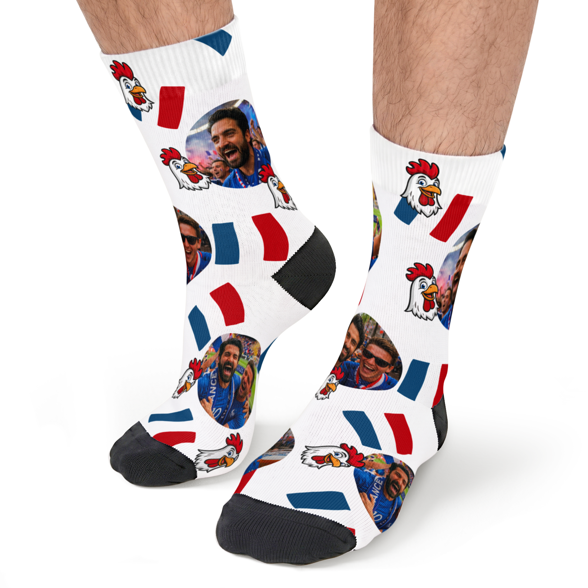 Chaussettes Coupe du Monde entièrement imprimées – 39/42, blanches avec photos personnalisées, le coq gaulois et le drapeau français.