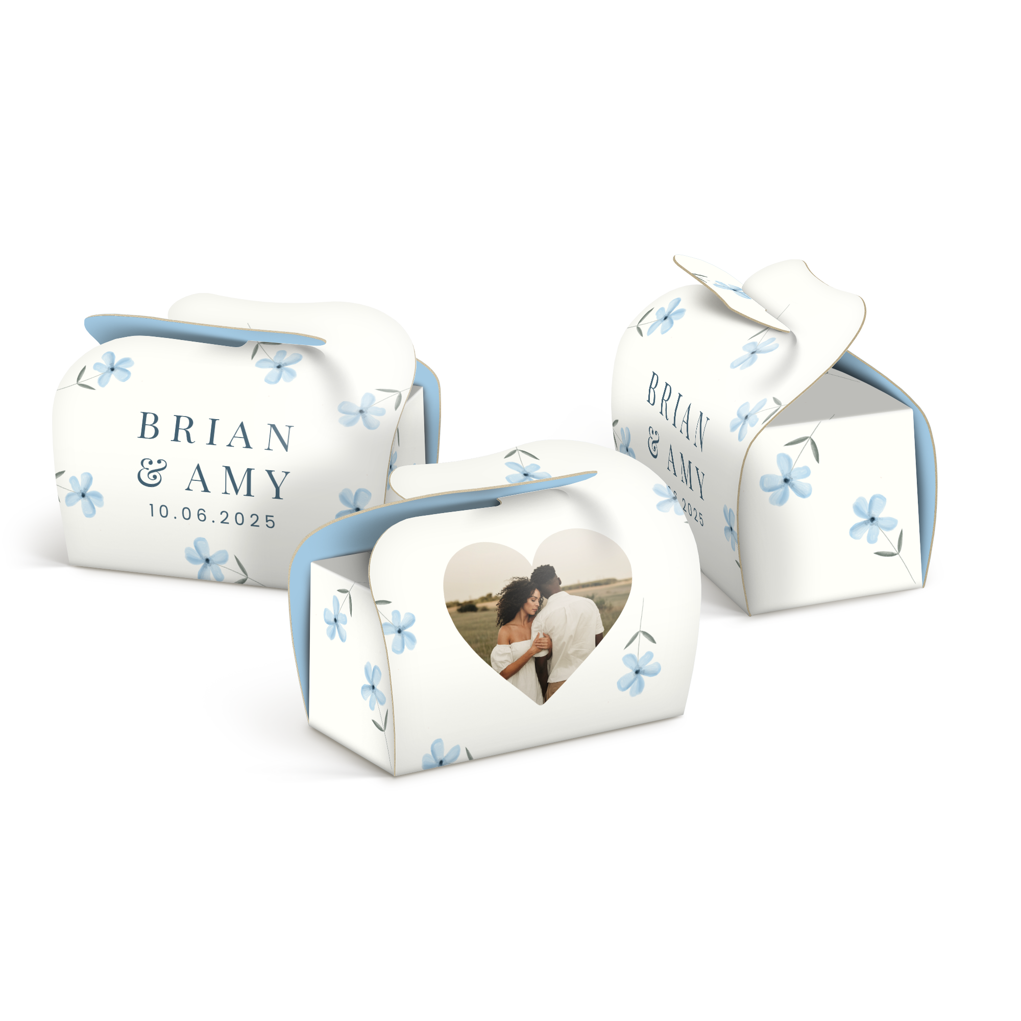 Spersonalizowane pudełka na czekoladki Milka z własnym zdjęciem i imionami Brian & Amy z datą 10.06.2025