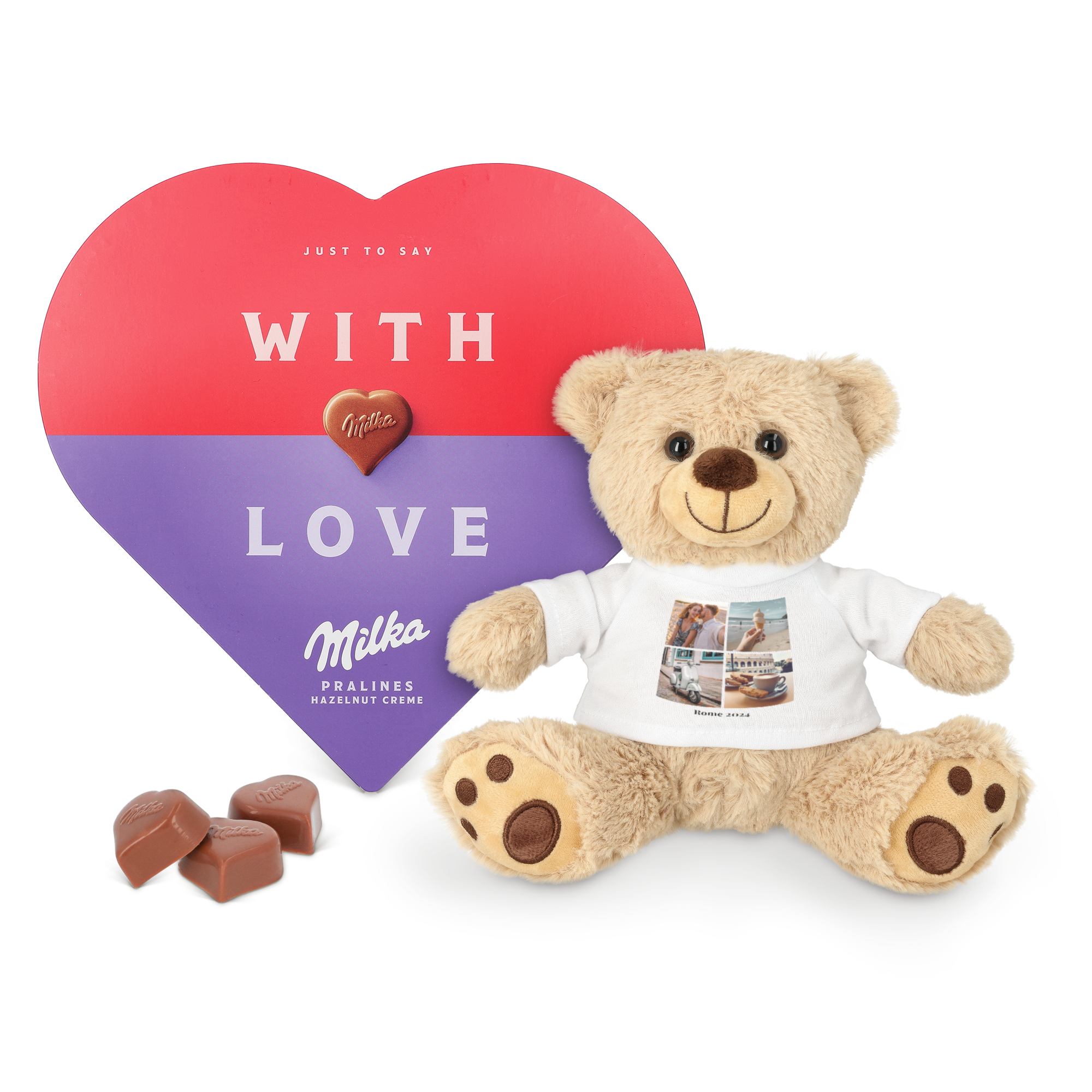 Ours en peluche personnalisé avec photo, accompagné d'une boîte de chocolats Milka en forme de cœur avec le texte With Love.