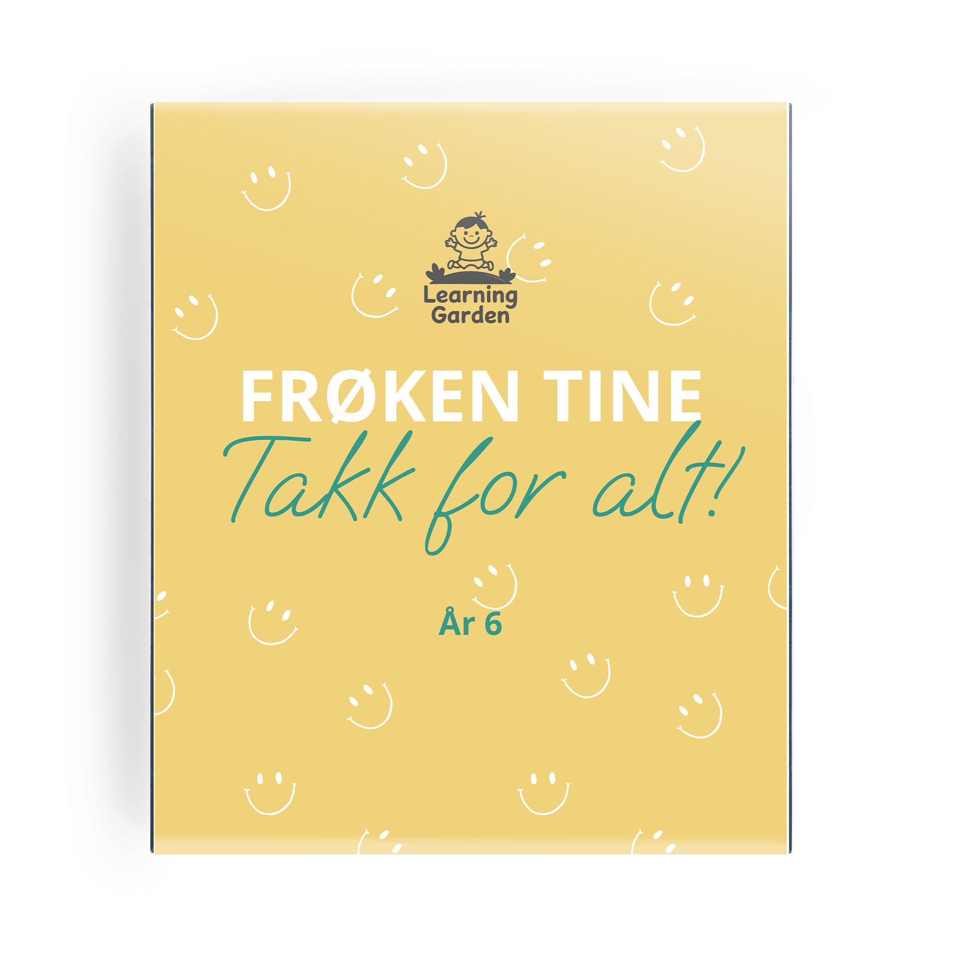 Personlig teboks med teksten "Frøken Tine Takk for alt! År 6", trykket på toppen av din personlige te-oase.