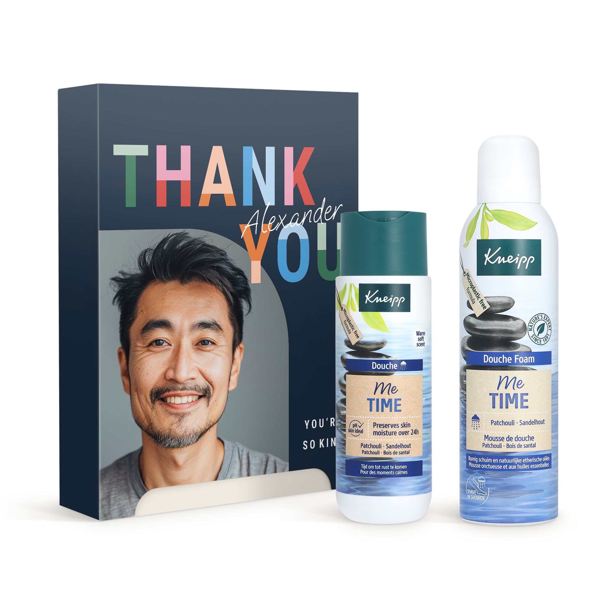 Set de spa personalizado con foto de un hombre sonriente y el nombre Alexander, ideal para una experiencia de spa en casa.