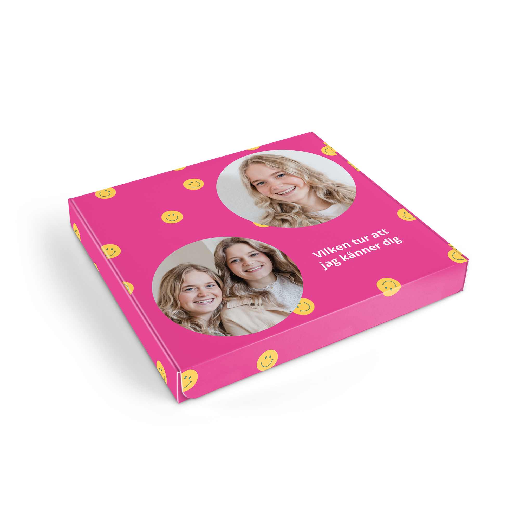 Personlig presentbox med brownie-bakmix, tryckt med egna foton och texten Vilken tur att jag känner dig.