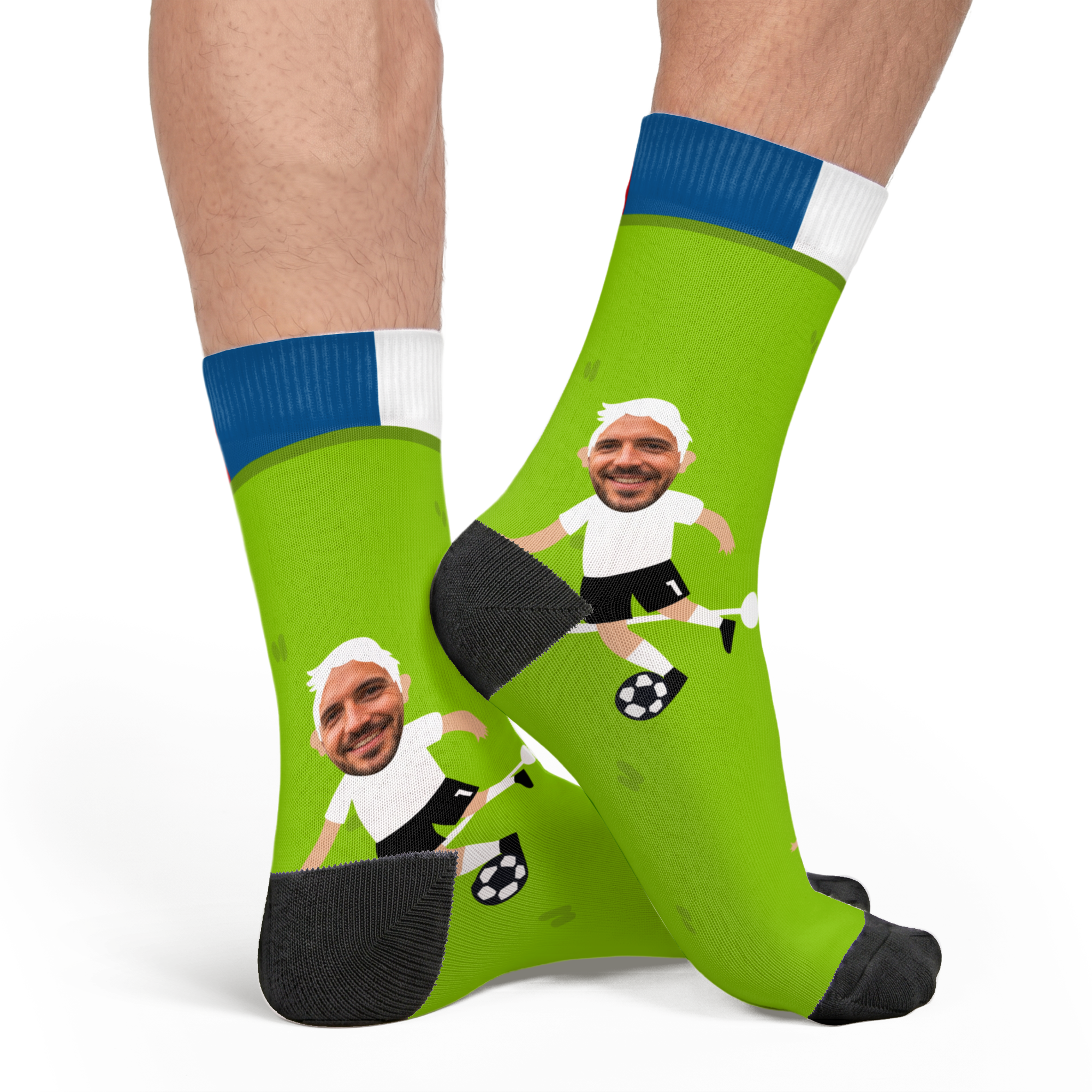 Chaussettes Coupe du Monde entièrement imprimées – 39/42 avec des visages personnalisés de footballeurs et un décor de terrain de football