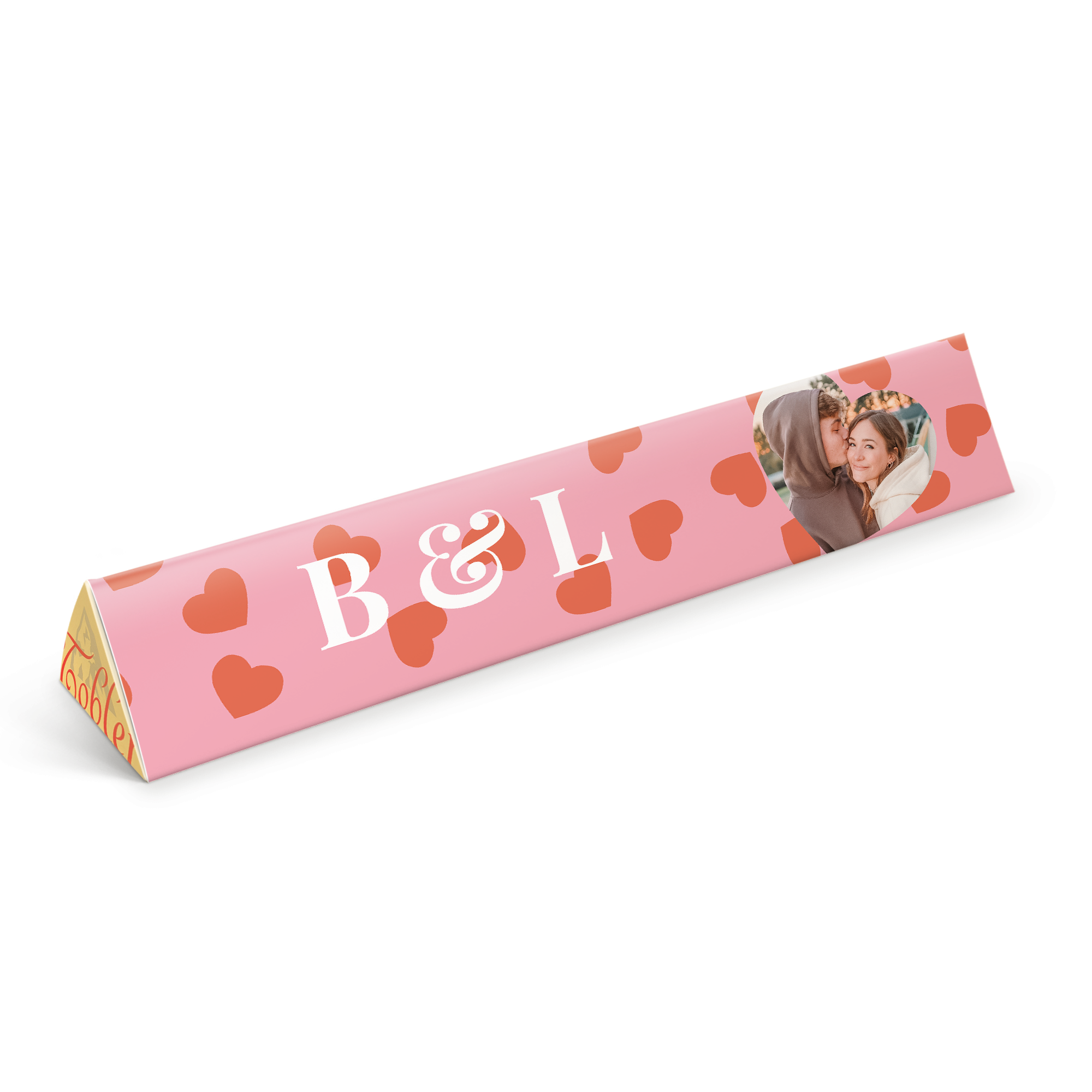 Personalisierte Toblerone Schokolade mit pinker Verpackung roten Herzen Foto von einem Pärchen und Initialen B&L
