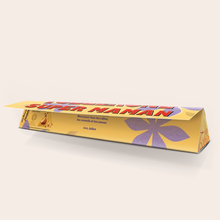 Toblerone personnalisé - Fête des Mères Barre de chocolat Toblerone personnalisée pour maman, imprimée avec le texte "Super Maman" et le nom Julien