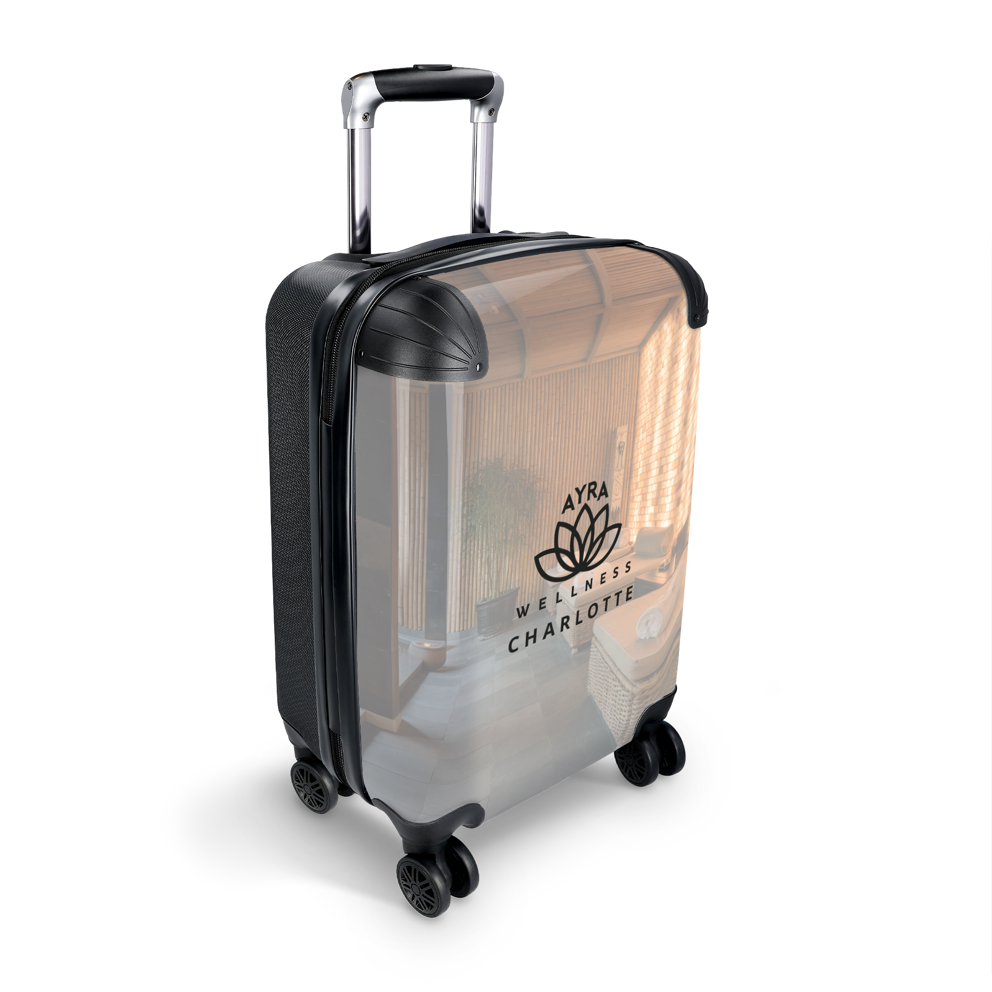 Personalised photo suitcase - Cabin size printed with Ayra Wellness Charlotte logo