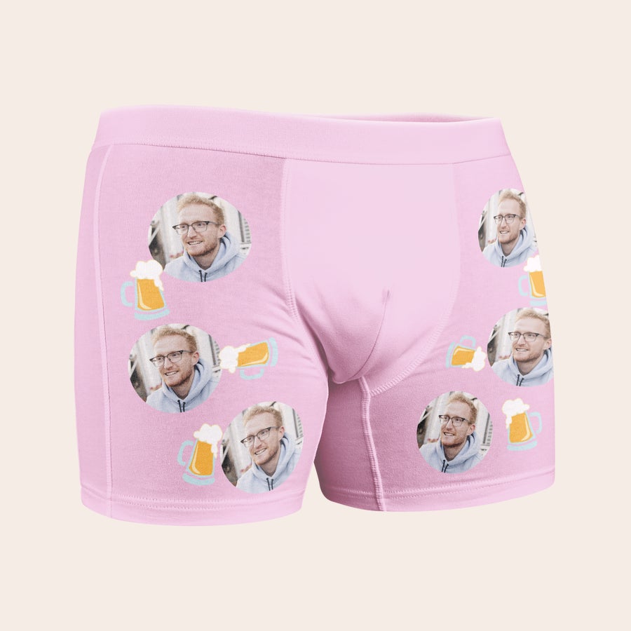 Boxeralsó Rózsaszín egyedi fotós boxer személyre szabott férfi arcképekkel és söröskorsó motívumokkal