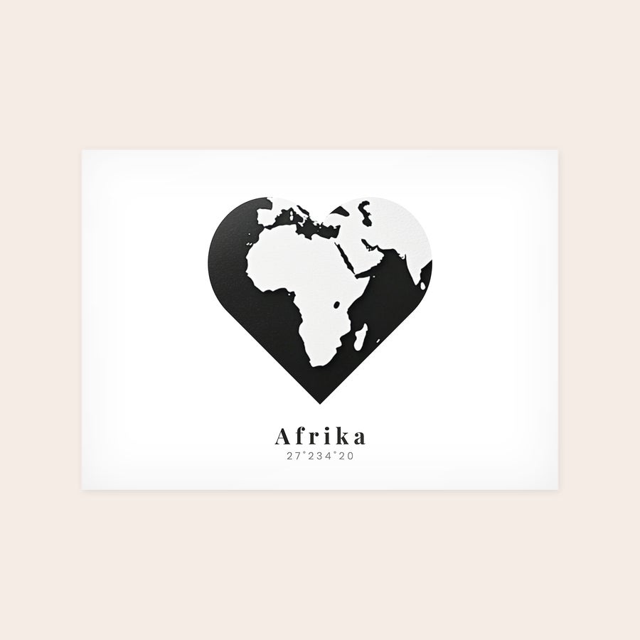 Poster photo prints A personalized poster photo print featuring the continent of Africa within a heart shape, with custom text printed below.