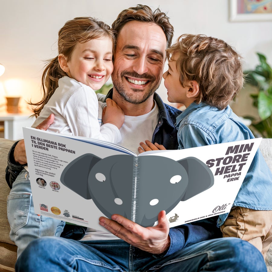 Ollimania - Den beste pappaen i verden (HC) Personlig Olli-bok til pappa, med tilpassede bilder og navn som "Pappa Erik" og "Min store helt" trykt på forsiden.