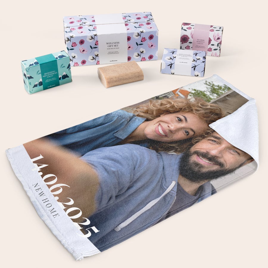 Coffret cadeau savon avec essuie-mains personnalisé Coffret cadeau savon avec essuie-mains personnalisé