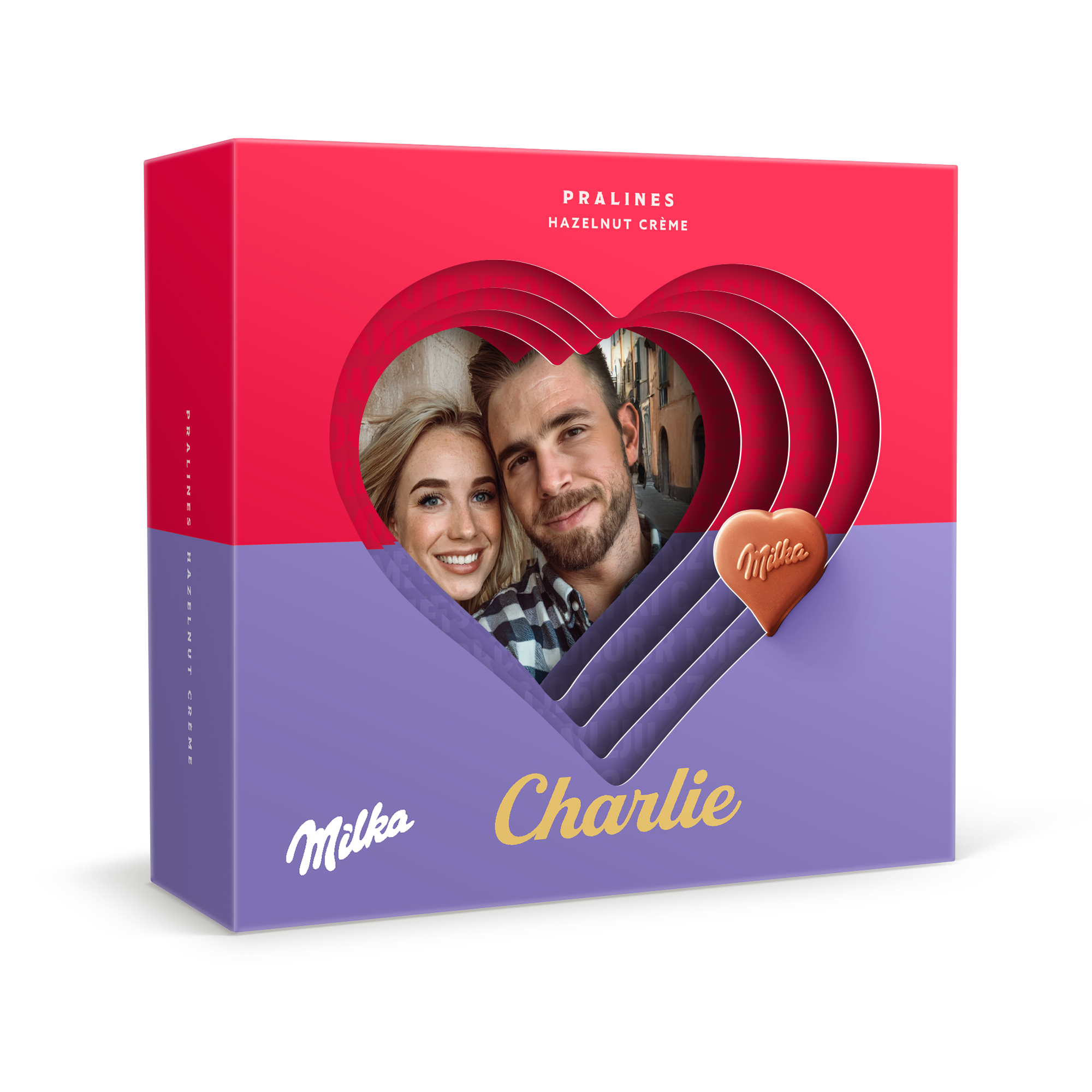 Henkilökohtainen Milka Hearts 3D-lahjarasia omalla kuvalla ja nimellä Charlie, mukana suklaasydän.