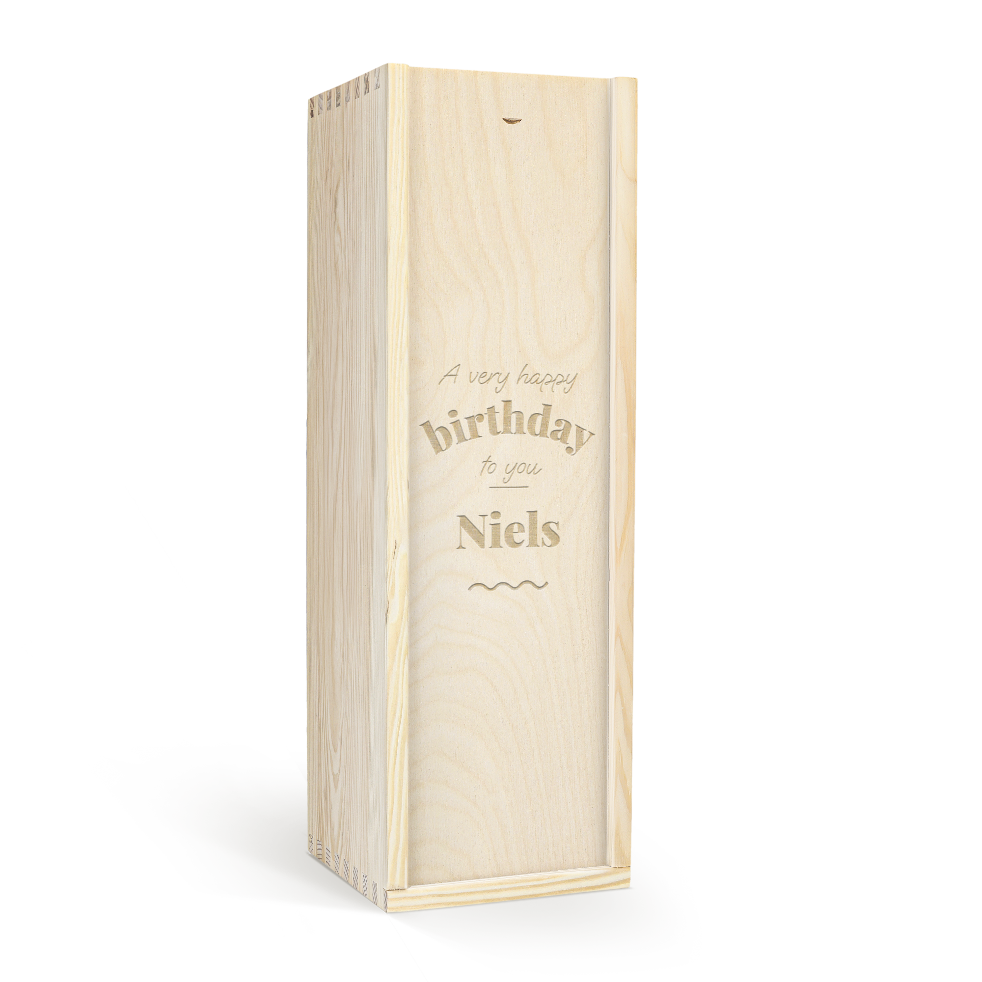 Houten portkist gegraveerd met "A very happy birthday to you Niels" en golfjes