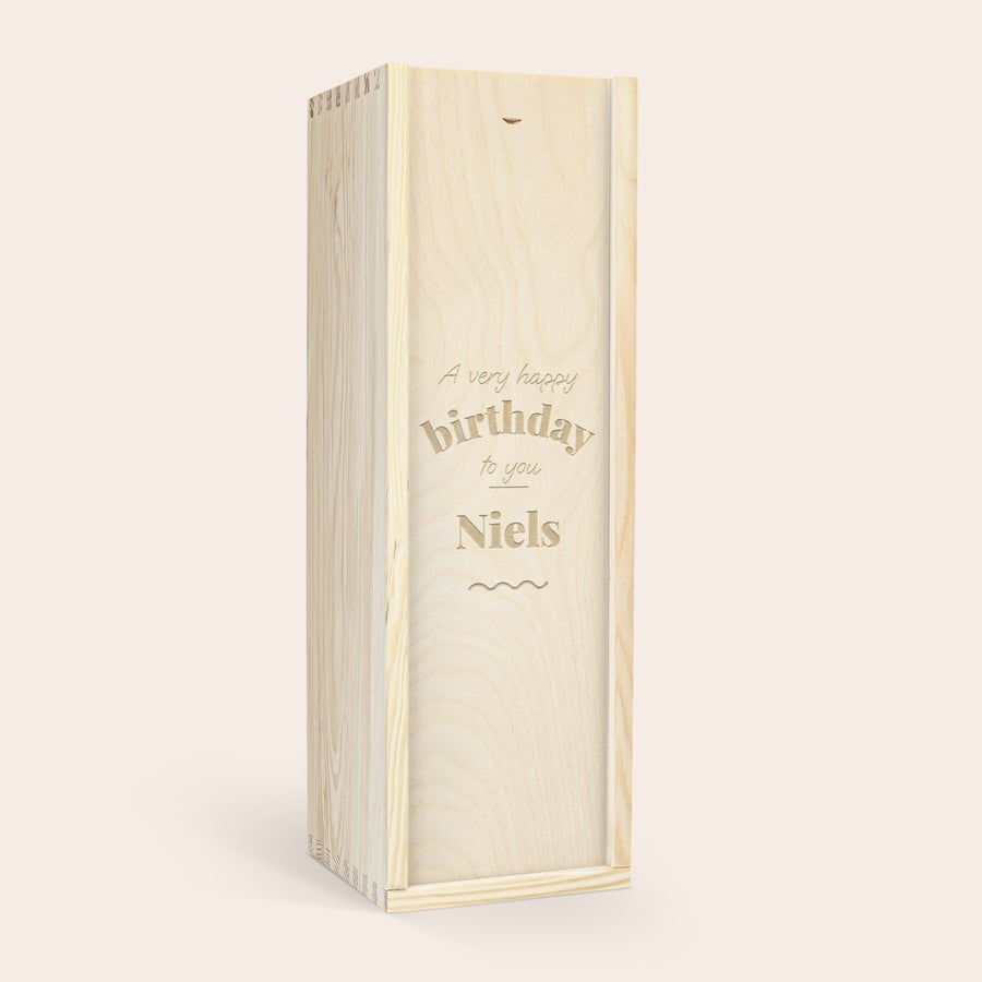 Port Graham's 10 Years personaliseren Houten portkist gegraveerd met "A very happy birthday to you Niels" en golfjes